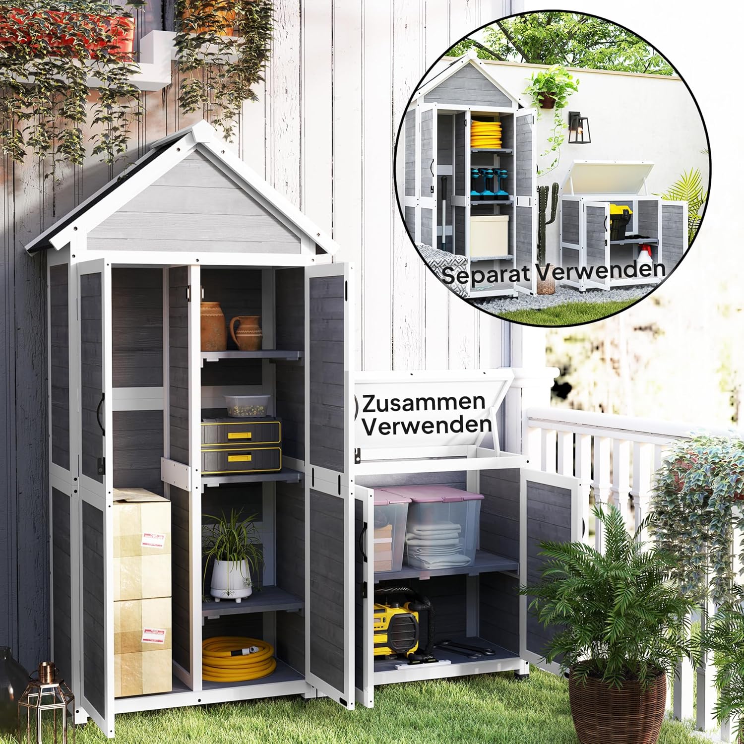 Outsunny 2 in 1 Gartenschrank Holz, Geräteschrank mit Satteldach Aufbewahrungsschrank Ablage 89x51x182cm, Gerätehaus mit Abschließbar Tür wetterfest Geräteschuppen für Terrasse, Garten, Hellgrau — Ansicht 3