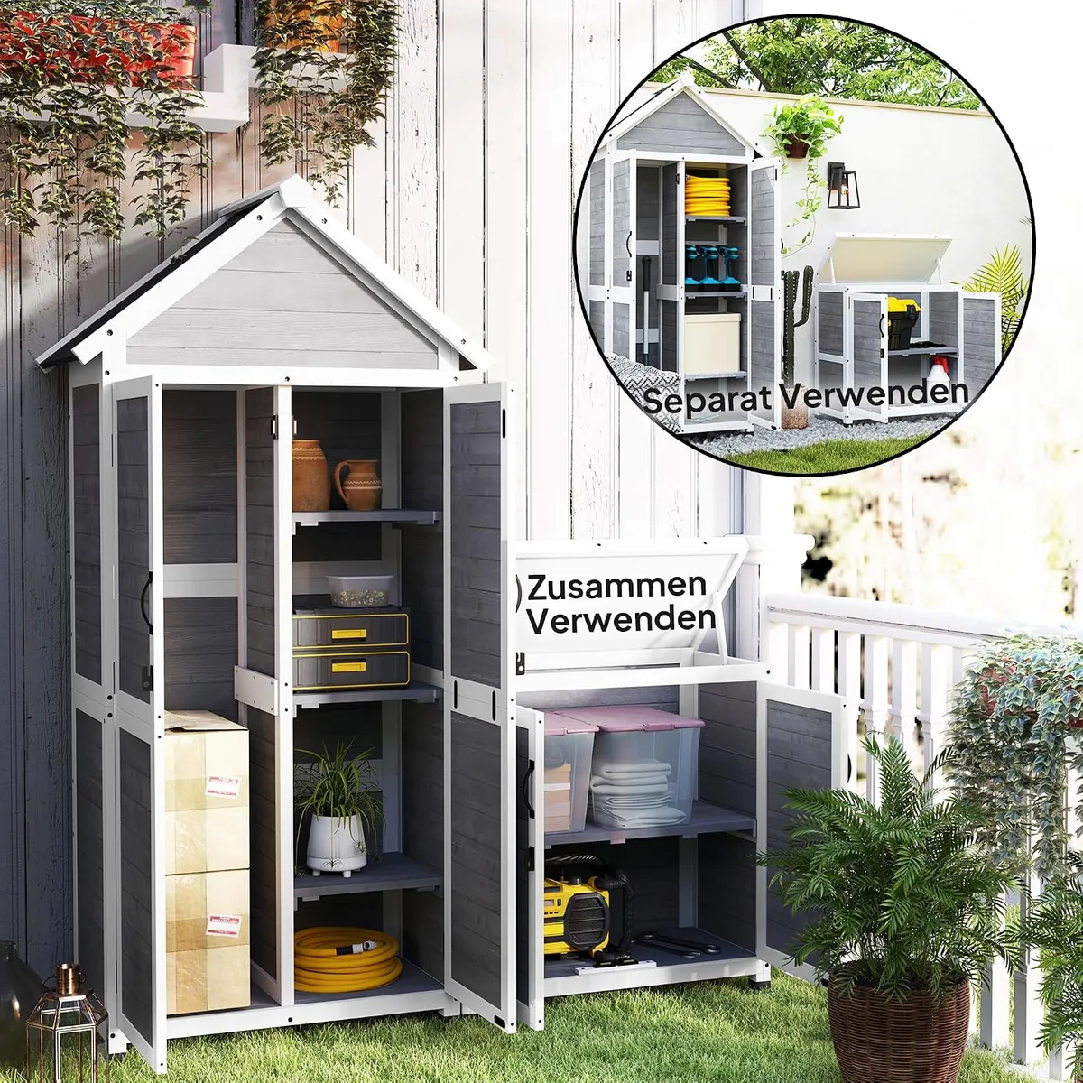2 in 1 Gartenschrank Holz, Geräteschrank mit Satteldach… — Ansicht 3