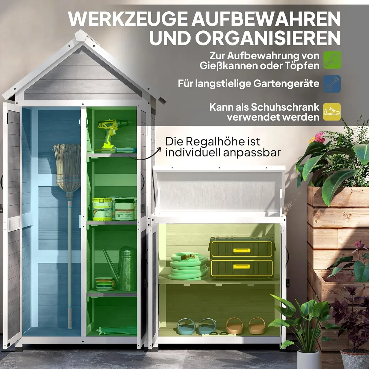2 in 1 Gartenschrank Holz, Geräteschrank mit Satteldach… — Ansicht 4