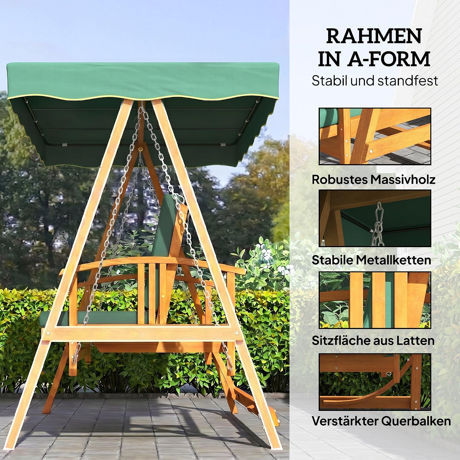 Outsunny 2 in 1 Hollywoodschaukel mit Liegefunktion, 3-Sitzer Gartenschaukel aus Holz, Holzschaukel mit Sonnendach Sitzauflage, Schaukelbank bis 330kg, für Garten, Terrasse, 236x130x181 cm, Dunkelgrün — Ansicht 5