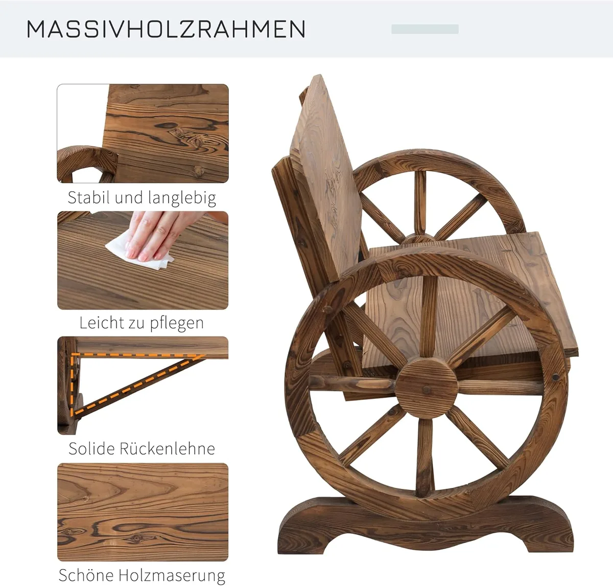 2-Sitzer Gartenbank Massivholz mit Armlehne, Sitzbank mit… — Ansicht 4