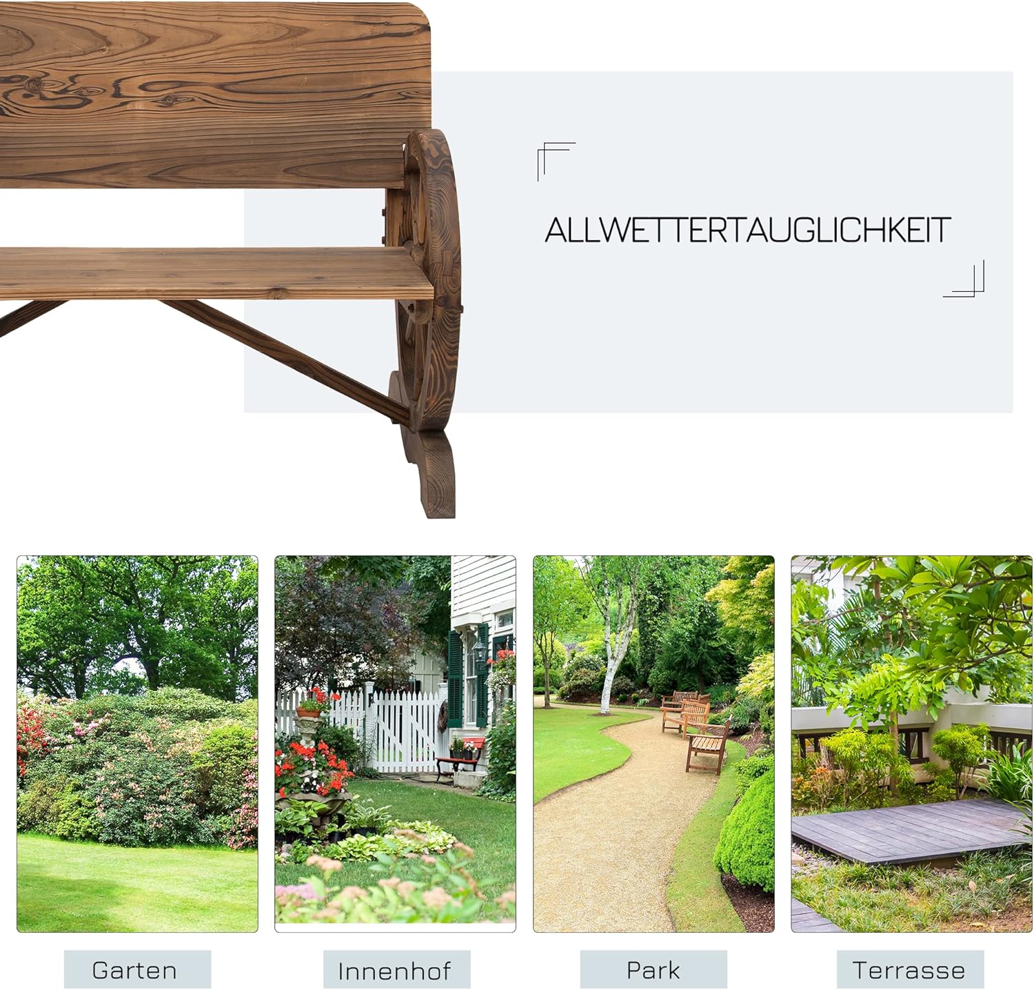Outsunny 2-Sitzer Gartenbank Massivholz mit Armlehne, Sitzbank mit Wagenräder-Design, Gartenmöbel 250kg belastbar, Rustikale Bank, 114 x 58 x 80 cm, Braun — Ansicht 6