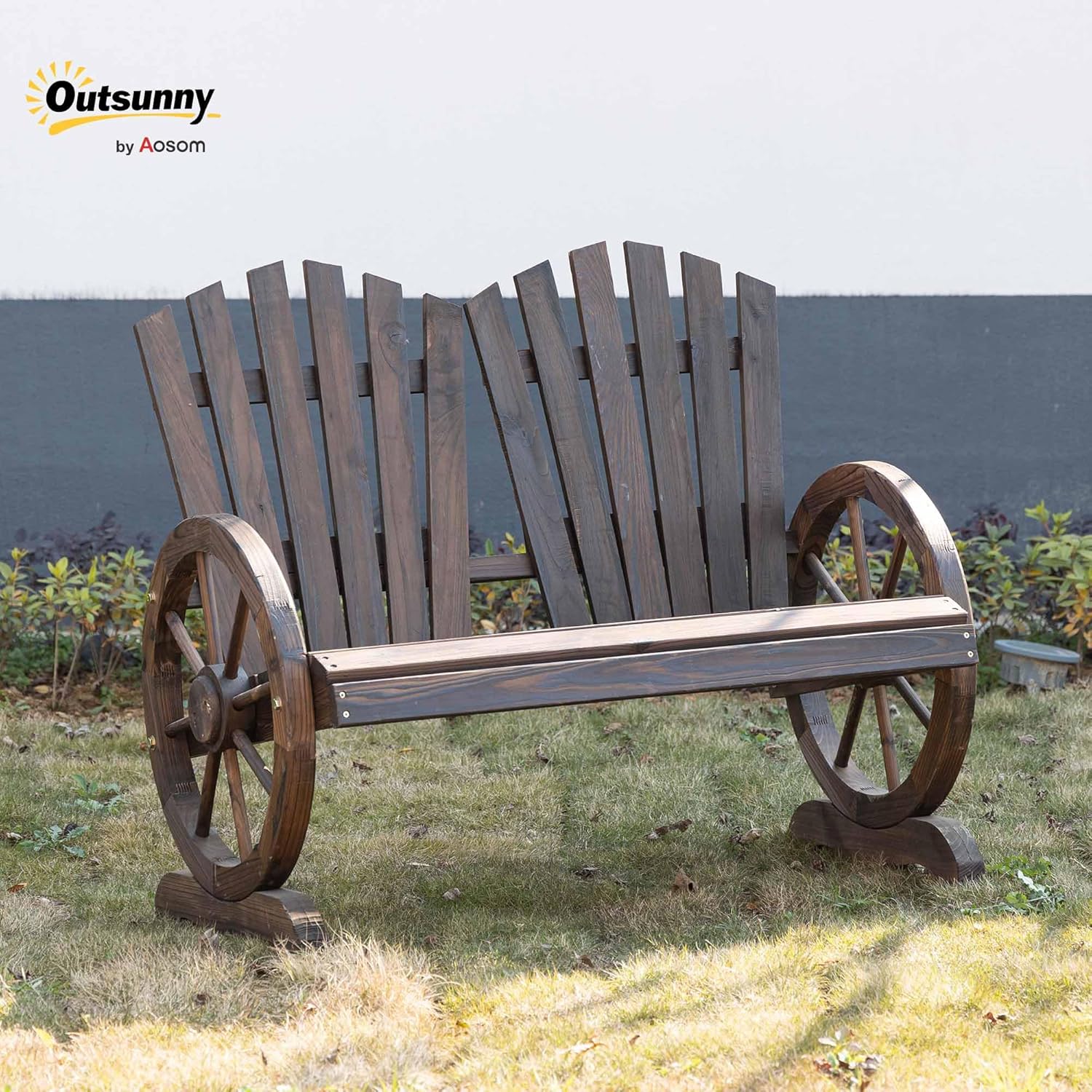 Outsunny 2-Sitzer Gartenbank Massivholz, Sitzbank mit Armlehne, Gartenmöbel 250kg belastbar, Rustikale Bank für Garten, Terrasse und andere Außenbereiche, 108 x 66 x 95 cm, Dunkelbraun — Ansicht 2