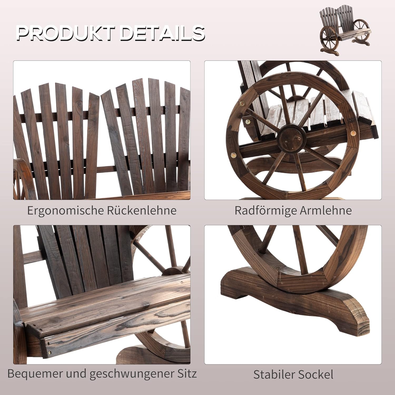 Outsunny 2-Sitzer Gartenbank Massivholz, Sitzbank mit Armlehne, Gartenmöbel 250kg belastbar, Rustikale Bank für Garten, Terrasse und andere Außenbereiche, 108 x 66 x 95 cm, Dunkelbraun — Ansicht 4