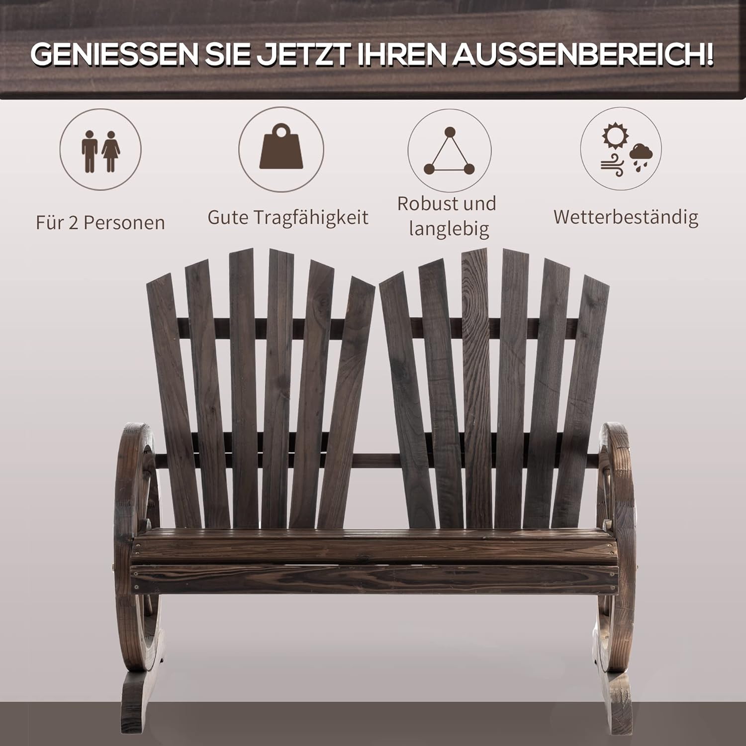 Outsunny 2-Sitzer Gartenbank Massivholz, Sitzbank mit Armlehne, Gartenmöbel 250kg belastbar, Rustikale Bank für Garten, Terrasse und andere Außenbereiche, 108 x 66 x 95 cm, Dunkelbraun — Ansicht 6