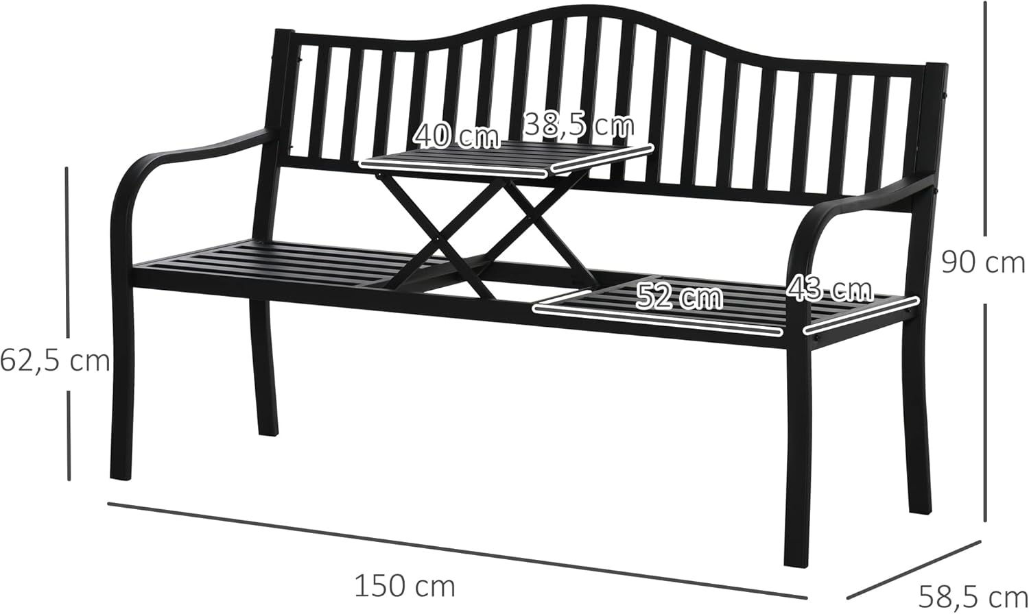 Outsunny 2-Sitzer Gartenbank robust Parkbank mit ausziehbarem Tisch Sitzbank Bank 240kg belastbar Terrassenbank mit Rücken- & Armlehnen Gartenmöbel für Terrasse, Garten 150 x 58,5 x 90 cm Schwarz — Ansicht 3