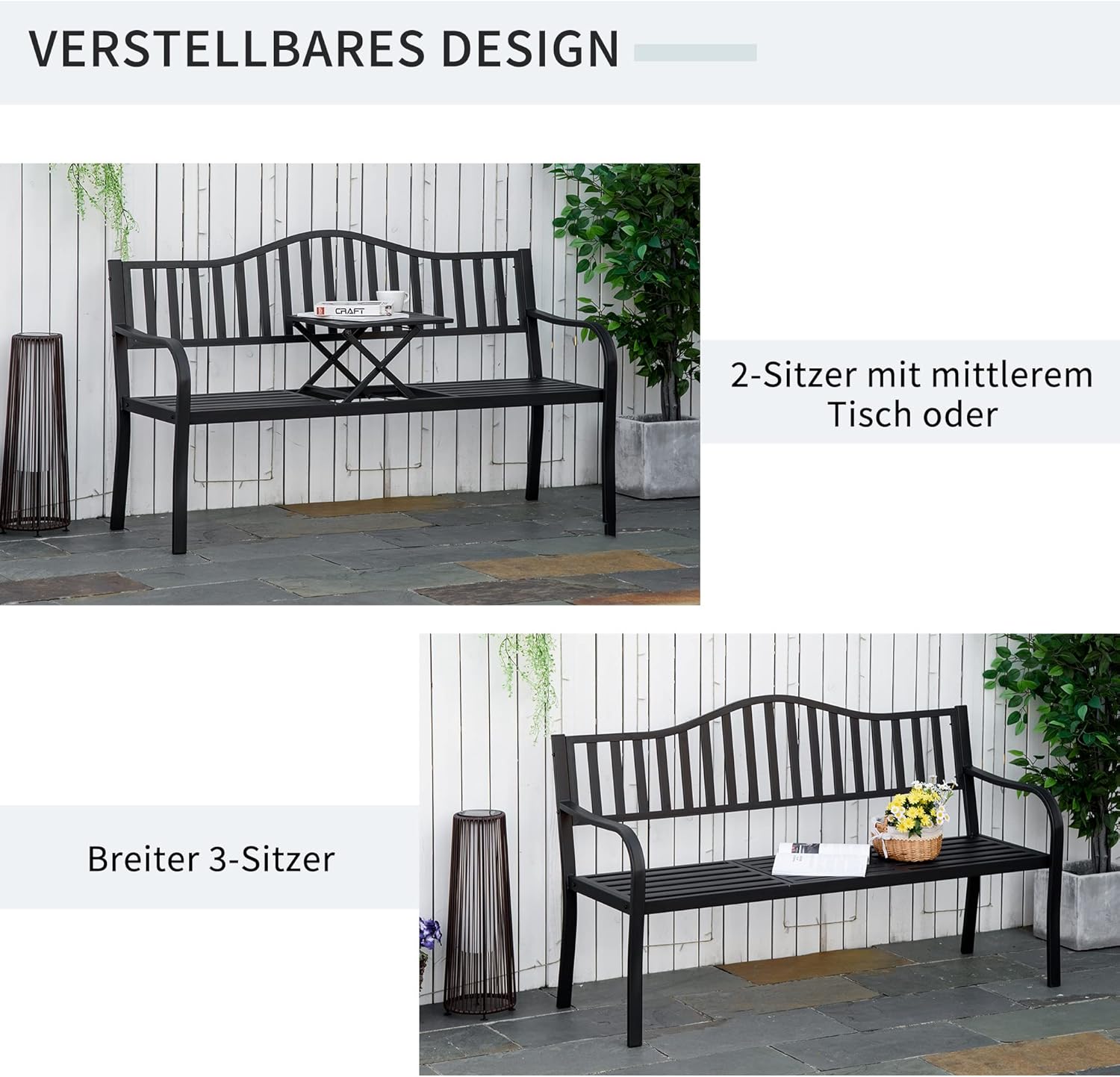 Outsunny 2-Sitzer Gartenbank robust Parkbank mit ausziehbarem Tisch Sitzbank Bank 240kg belastbar Terrassenbank mit Rücken- & Armlehnen Gartenmöbel für Terrasse, Garten 150 x 58,5 x 90 cm Schwarz — Ansicht 5