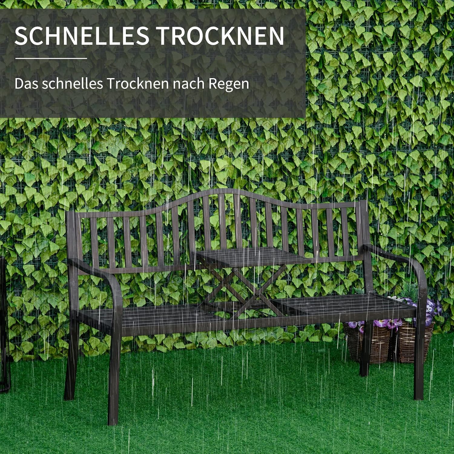 Outsunny 2-Sitzer Gartenbank robust Parkbank mit ausziehbarem Tisch Sitzbank Bank 240kg belastbar Terrassenbank mit Rücken- & Armlehnen Gartenmöbel für Terrasse, Garten 150 x 58,5 x 90 cm Schwarz — Ansicht 6