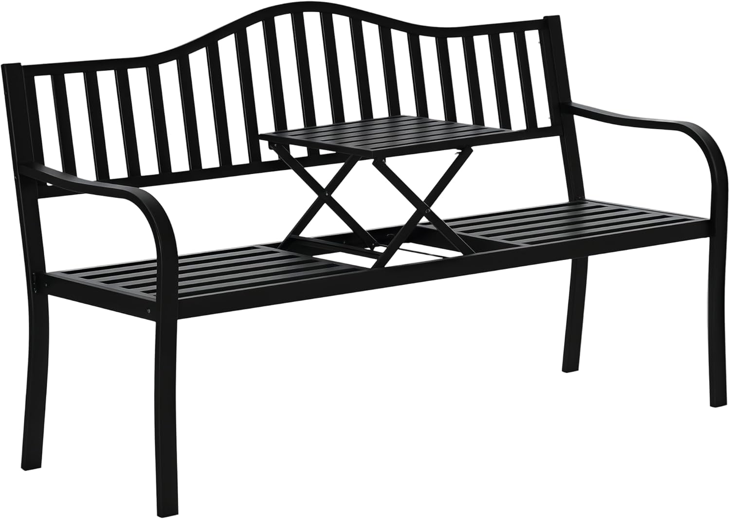 Outsunny 2-Sitzer Gartenbank robust Parkbank mit ausziehbarem Tisch Sitzbank Bank 240kg belastbar Terrassenbank mit Rücken- & Armlehnen Gartenmöbel für Terrasse, Garten 150 x 58,5 x 90 cm Schwarz