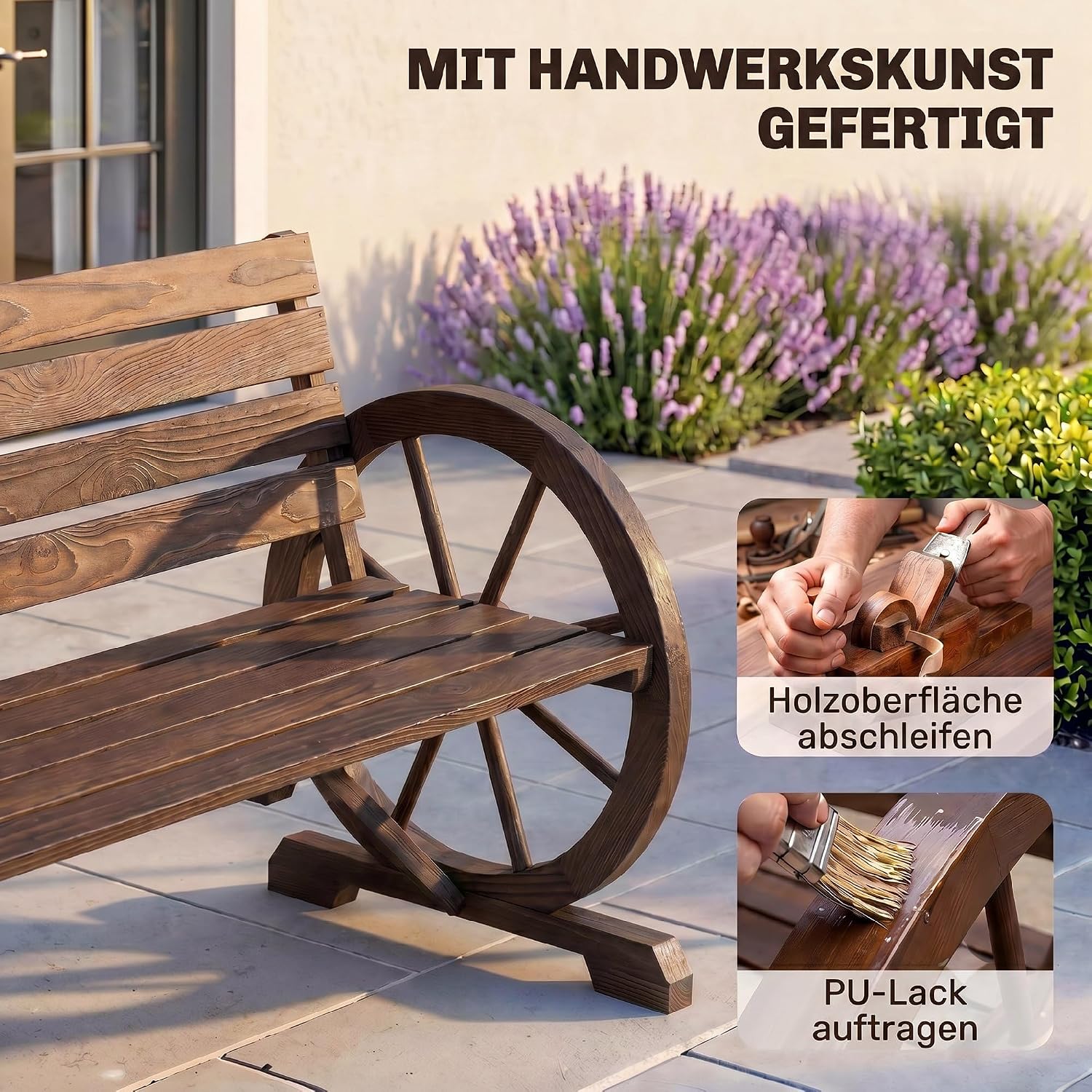 Outsunny 2-Sitzer Gartenbank, wetterfest Sitzbank, Gartenmöbel mit Rücken, Armlehnen im Rädernform verstärkte Boden, Parkbank bis 240kg, Balkonbank, Holzbank für Balkon Garten 105,5x56x79cm Braun — Ansicht 5
