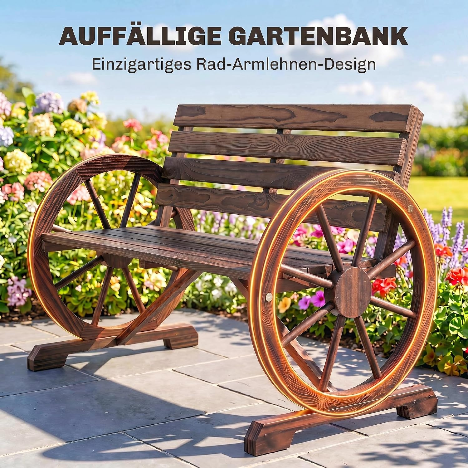 Outsunny 2-Sitzer Gartenbank, wetterfest Sitzbank, Gartenmöbel mit Rücken, Armlehnen im Rädernform verstärkte Boden, Parkbank bis 240kg, Balkonbank, Holzbank für Balkon Garten 105,5x56x79cm Braun — Ansicht 6