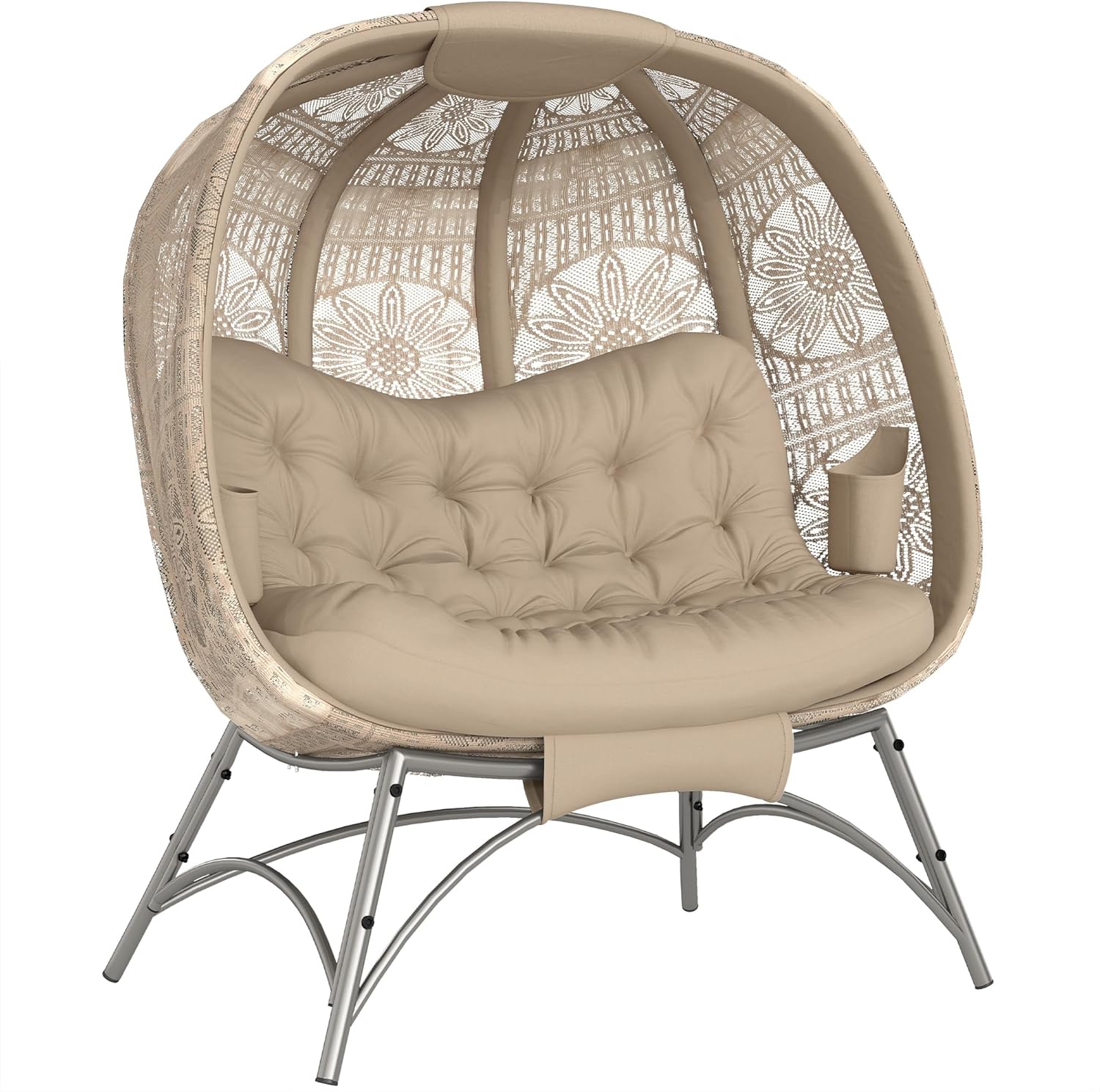 Outsunny 2-Sitzer Gartenstuhl, Korb-Stuhl mit Faltbarem Korb, Papasansessel mit Kissen, Loungesessel bis 240kg belastbar für Balkon, Terrasse, 126 x 75 x 142 cm, Sand