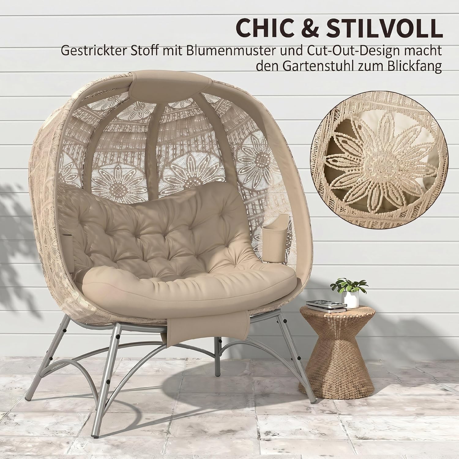 Outsunny 2-Sitzer Gartenstuhl, Korb-Stuhl mit Faltbarem Korb, Papasansessel mit Kissen, Loungesessel bis 240kg belastbar für Balkon, Terrasse, 126 x 75 x 142 cm, Sand — Ansicht 4