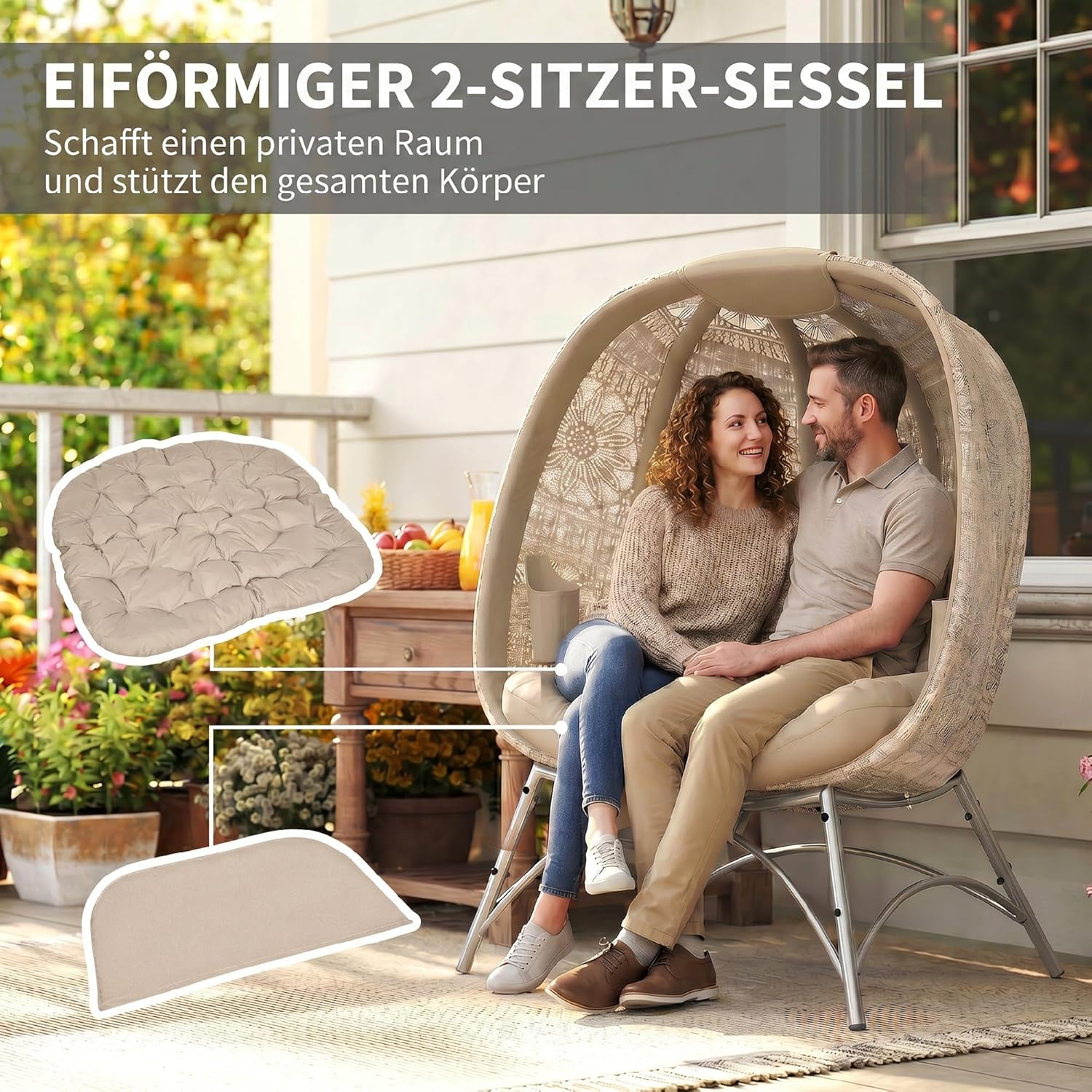 Outsunny 2-Sitzer Gartenstuhl, Korb-Stuhl mit Faltbarem Korb, Papasansessel mit Kissen, Loungesessel bis 240kg belastbar für Balkon, Terrasse, 126 x 75 x 142 cm, Sand — Ansicht 5