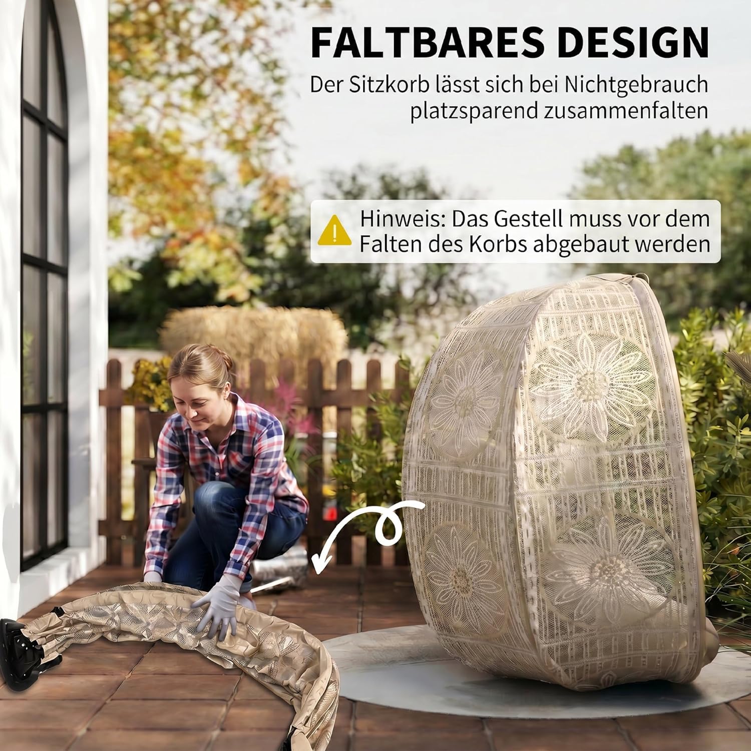 Outsunny 2-Sitzer Gartenstuhl, Korb-Stuhl mit Faltbarem Korb, Papasansessel mit Kissen, Loungesessel bis 240kg belastbar für Balkon, Terrasse, 126 x 75 x 142 cm, Sand — Ansicht 6