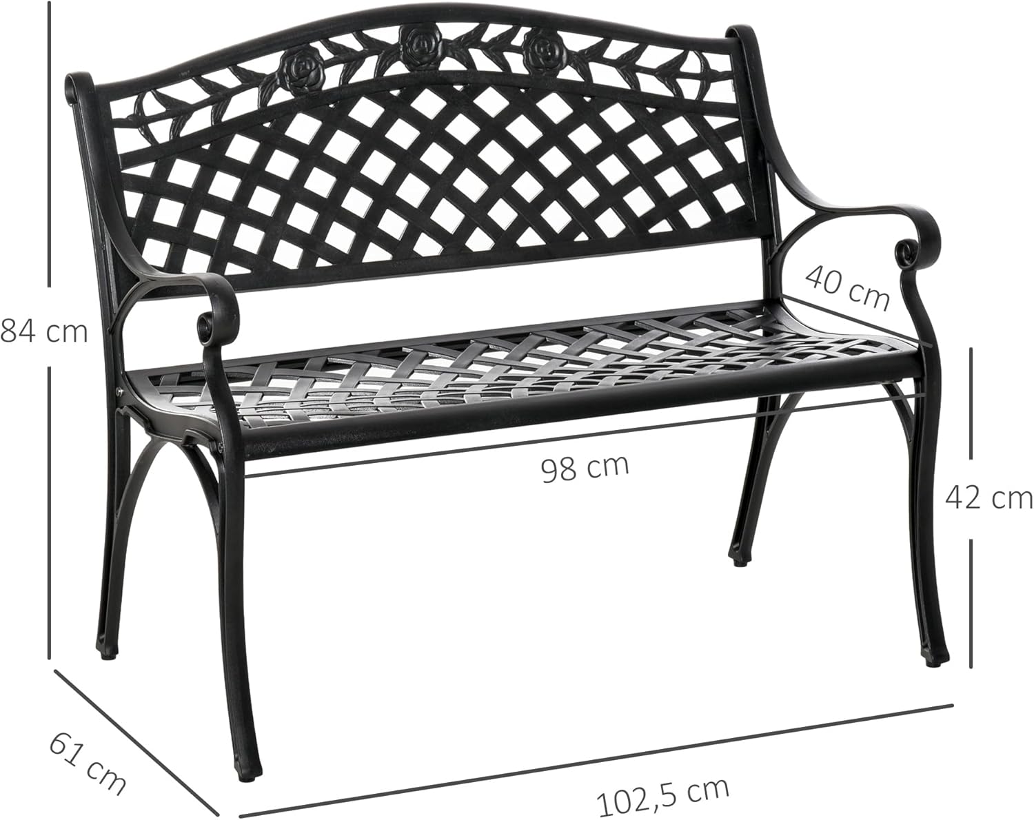 Outsunny 2-Sitzer Sitzbank Alu Gartenbank Metallbank Bank mit Armlehnen Landhausstil Schwarz 102,5 x 61 x 84 cm — Ansicht 3