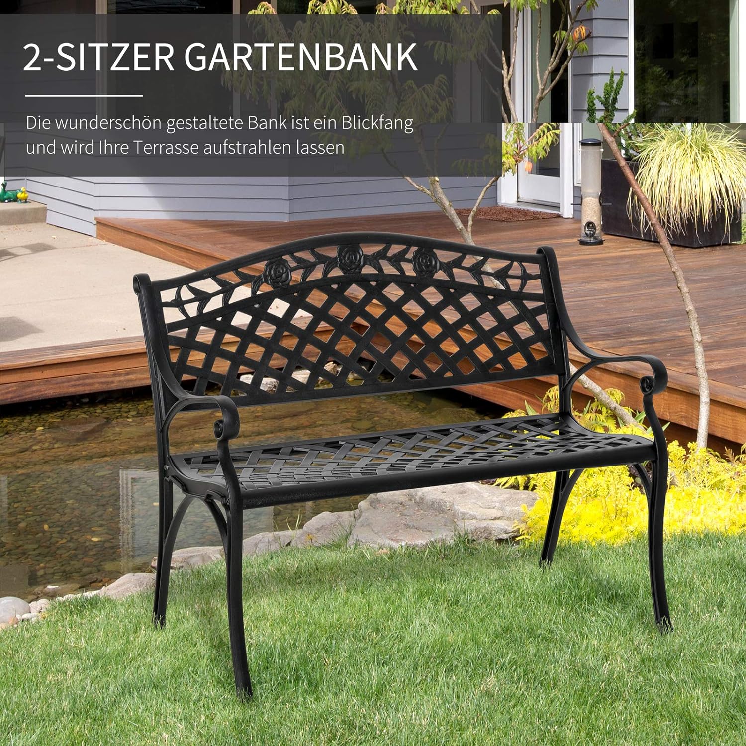 Outsunny 2-Sitzer Sitzbank Alu Gartenbank Metallbank Bank mit Armlehnen Landhausstil Schwarz 102,5 x 61 x 84 cm — Ansicht 6