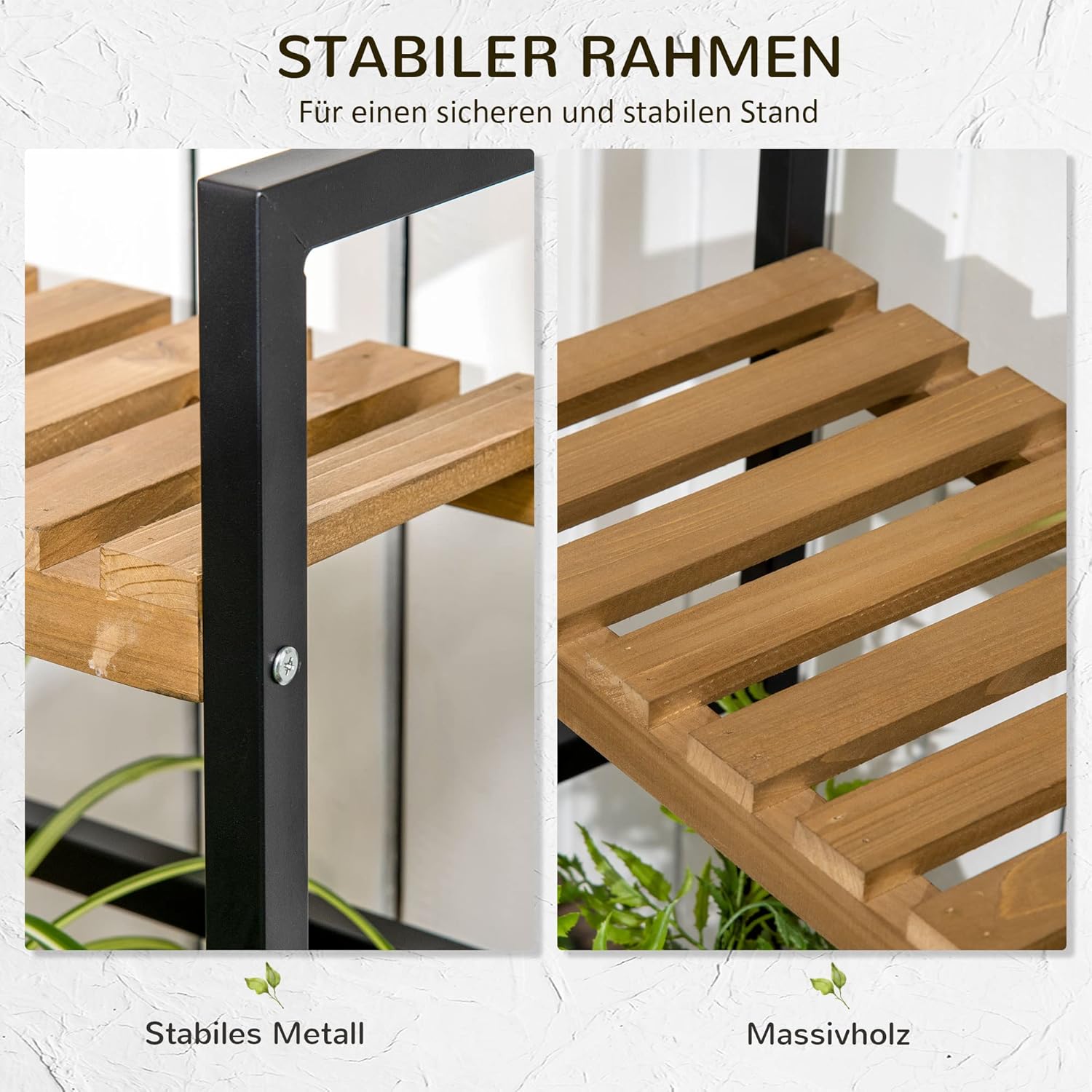 Outsunny 3-Etagen Pflanzenregal Blumentreppe aus Metall und Massivholz Pflanzenständer mit Befestigungshaken für den Garten Schwarz+Natur — Ansicht 5