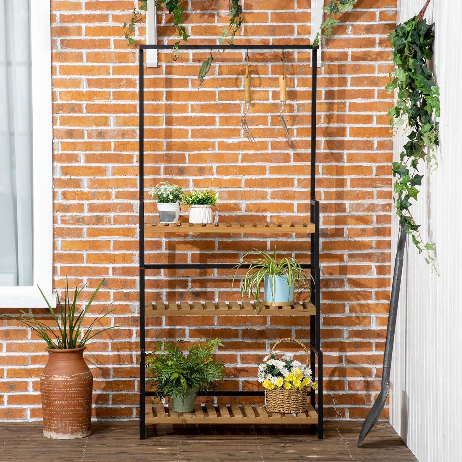 Outsunny 3-Etagen Pflanzenregal Blumentreppe aus Metall und Massivholz Pflanzenständer mit Befestigungshaken für den Garten Schwarz+Natur — Ansicht 6
