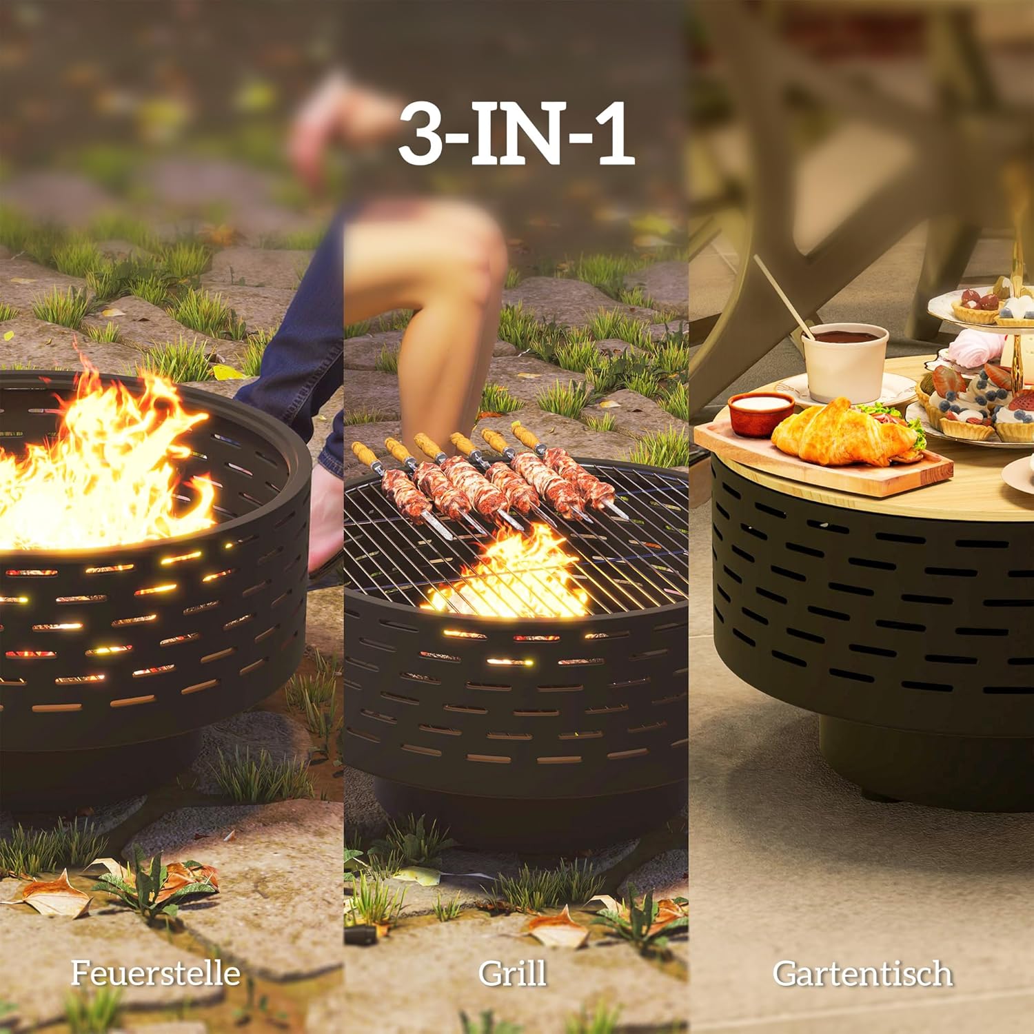 Outsunny 3-in-1 Feuerschale Ø60 x 39cm aus Edelstahl Feuerstelle mit Grillrost Schürhaken Funkenschutz in Holzoptik Feuerschalen Feuerkorb für Garten, Balkon Terrasse, Outdoor BBQ Camping Kohlegrau — Ansicht 3