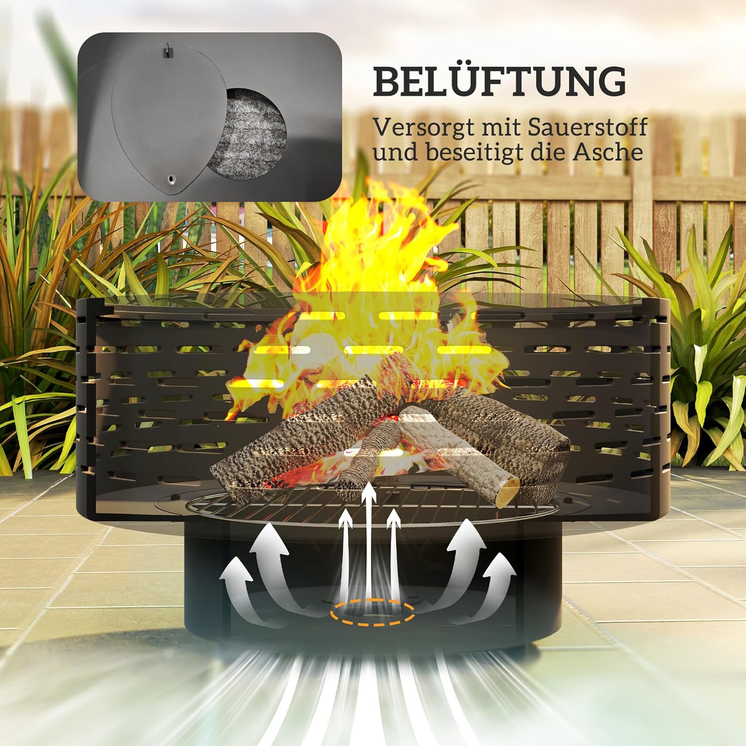 Outsunny 3-in-1 Feuerschale Ø60 x 39cm aus Edelstahl Feuerstelle mit Grillrost Schürhaken Funkenschutz in Holzoptik Feuerschalen Feuerkorb für Garten, Balkon Terrasse, Outdoor BBQ Camping Kohlegrau — Ansicht 6