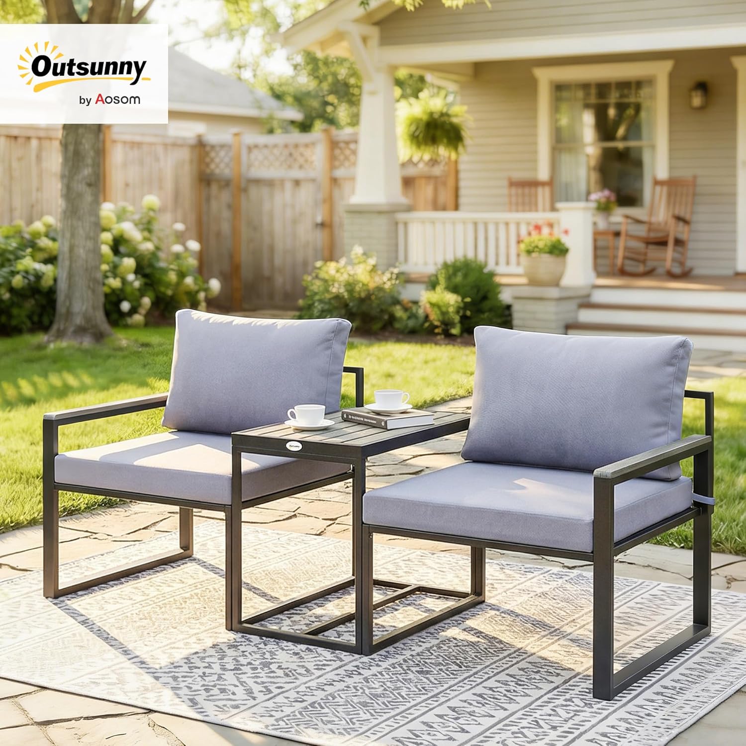 Outsunny 3-teiliges Balkonmöbel Set 2 Sessel mit Tisch abnehmbar Sitz-& Rückenkissen atmungsaktiv Bezug, Garten Bistro Set Gartenmöbel aus Stahl, Outdoor Sitzgruppe für Garten Terrasse Grau — Ansicht 2