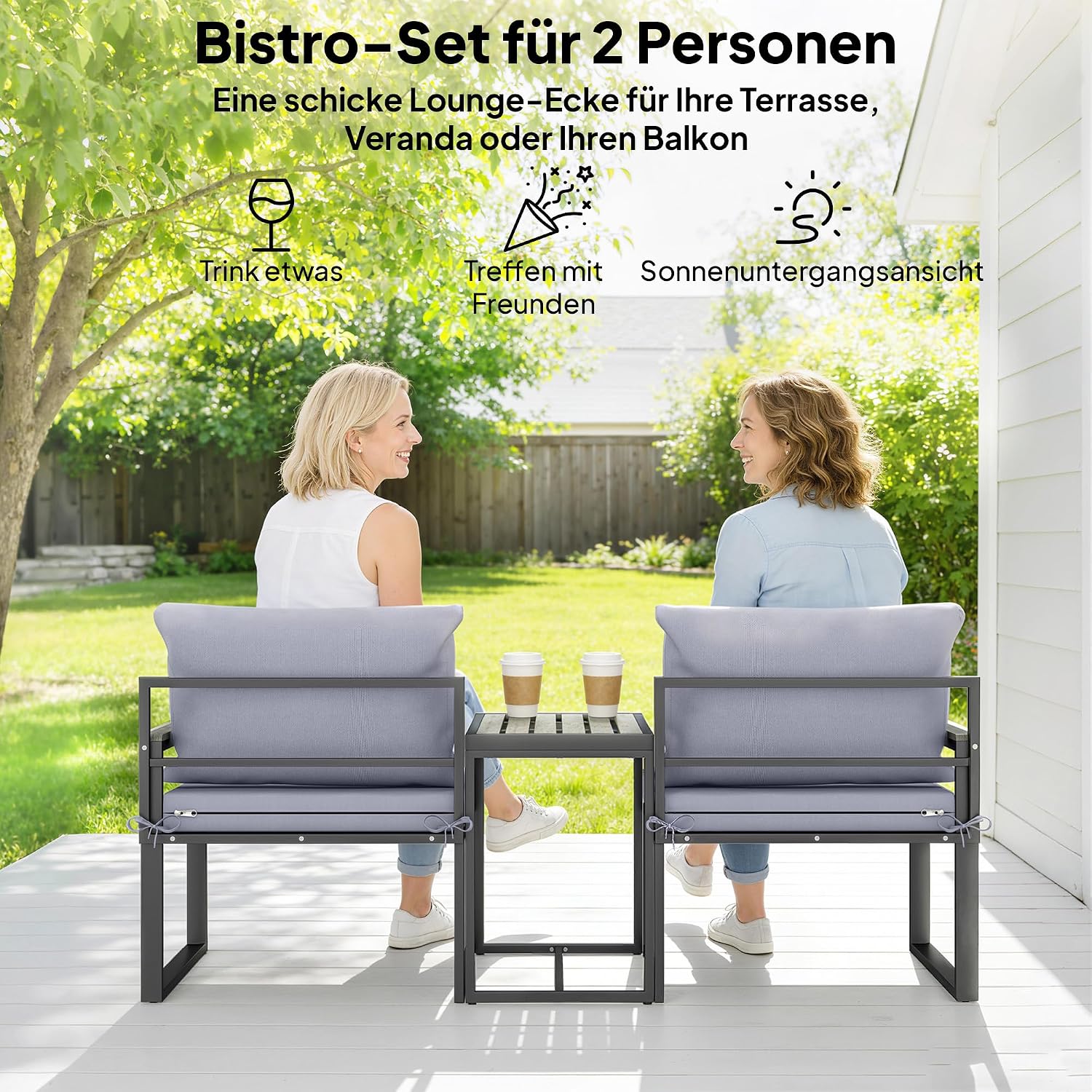 Outsunny 3-teiliges Balkonmöbel Set 2 Sessel mit Tisch abnehmbar Sitz-& Rückenkissen atmungsaktiv Bezug, Garten Bistro Set Gartenmöbel aus Stahl, Outdoor Sitzgruppe für Garten Terrasse Grau — Ansicht 3