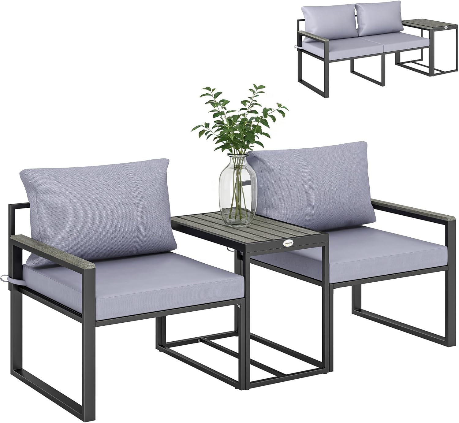 Outsunny 3-teiliges Balkonmöbel Set 2 Sessel mit Tisch abnehmbar Sitz-& Rückenkissen atmungsaktiv Bezug, Garten Bistro Set Gartenmöbel aus Stahl, Outdoor Sitzgruppe für Garten Terrasse Grau