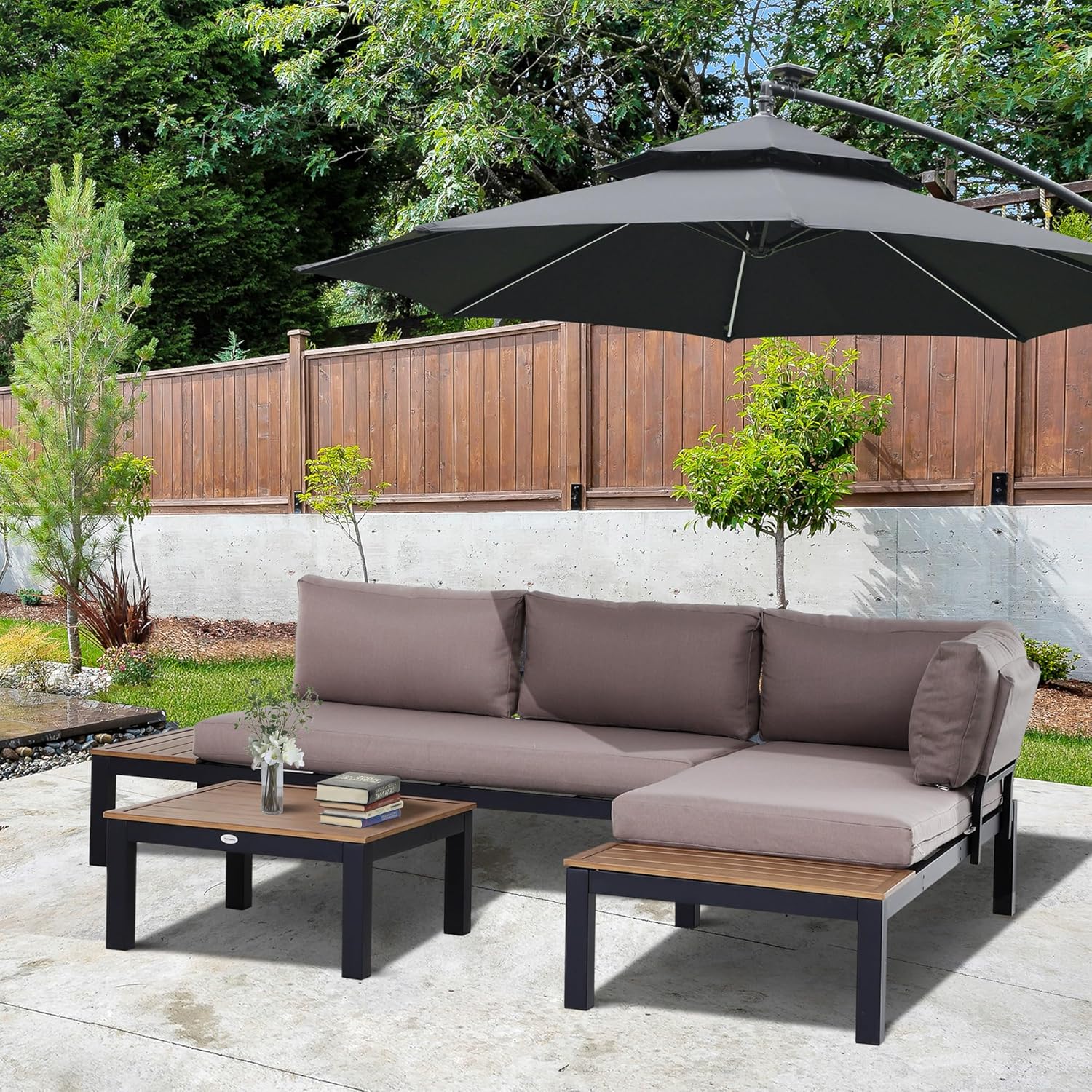 Outsunny 3-teiliges Gartenmöbel-Set mit Beistelltisch, Sofa mit Kissen, Outdoor, Aluminium, 164 x 74 x 69 cm — Ansicht 2