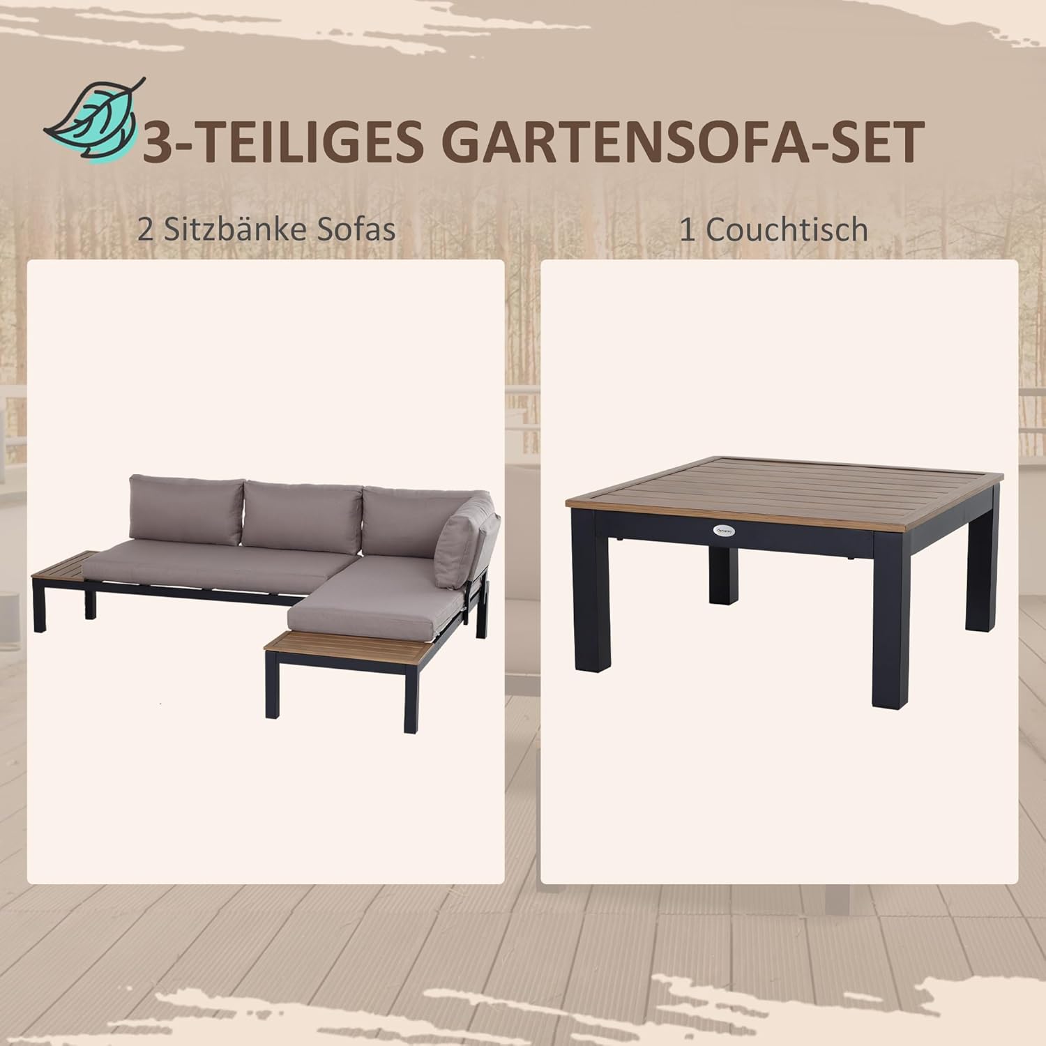 Outsunny 3-teiliges Gartenmöbel-Set mit Beistelltisch, Sofa mit Kissen, Outdoor, Aluminium, 164 x 74 x 69 cm — Ansicht 3