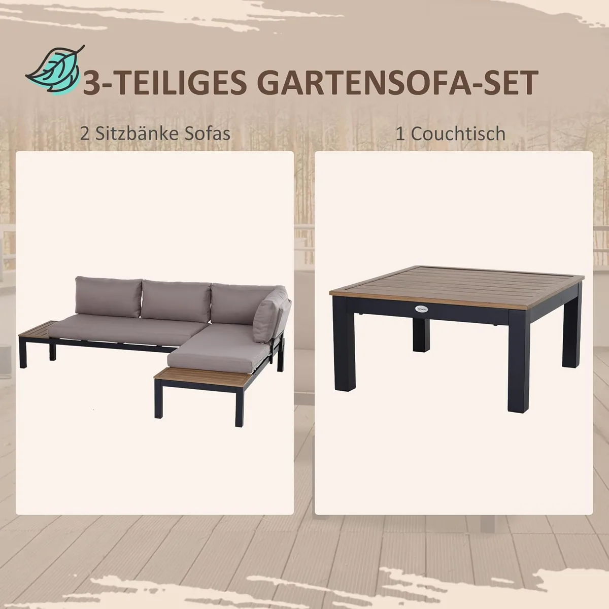 3-teiliges Gartenmöbel-Set mit Beistelltisch, Sofa mit… — Ansicht 3