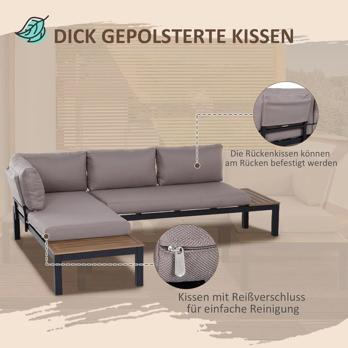 3-teiliges Gartenmöbel-Set mit Beistelltisch, Sofa mit… — Ansicht 4