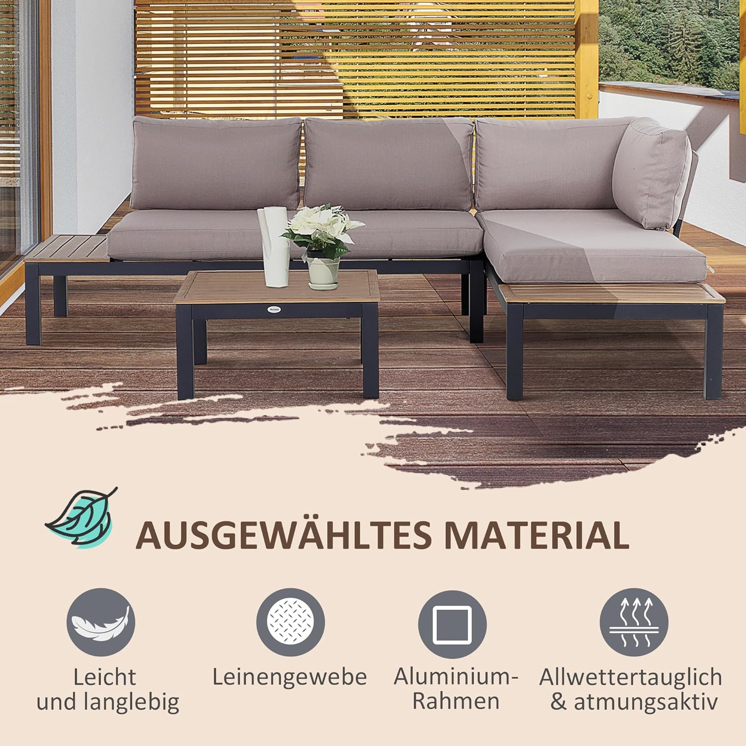 Outsunny 3-teiliges Gartenmöbel-Set mit Beistelltisch, Sofa mit Kissen, Outdoor, Aluminium, 164 x 74 x 69 cm — Ansicht 6