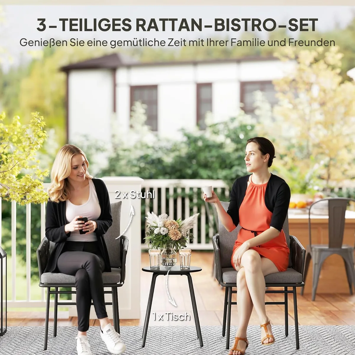 3-TLG. Rattan Bistroset, Sitzgruppe, Gartengarnitur mit 2… — Ansicht 3