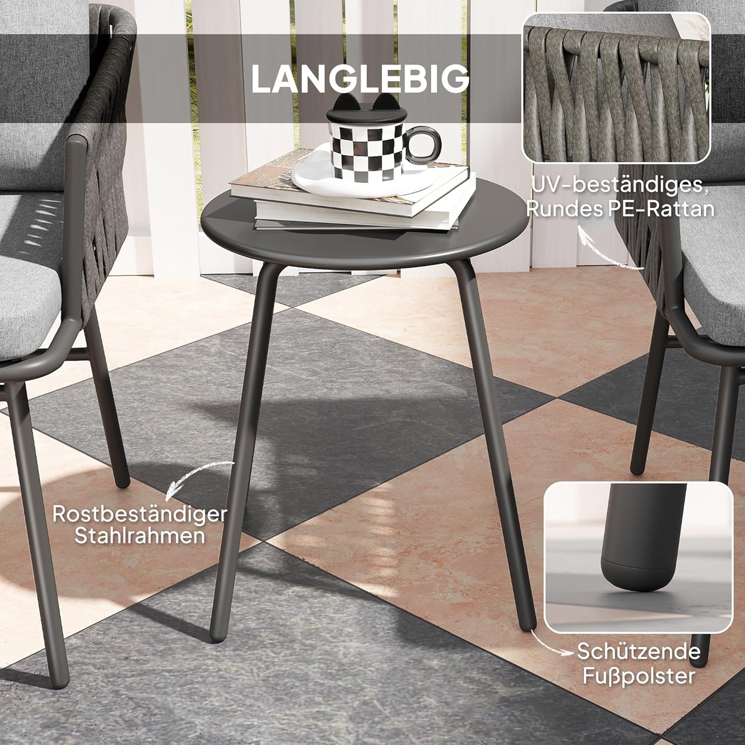 Outsunny 3-TLG. Rattan Bistroset, Sitzgruppe, Gartengarnitur mit 2 Gartensesseln, Couchtisch, abnehmbar Kissen, Balkonmöbel-Set für Garten, Terrasse, Stahl, Grau — Ansicht 5