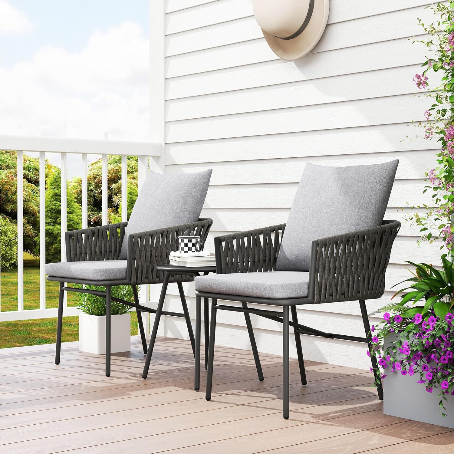 Outsunny 3-TLG. Rattan Bistroset, Sitzgruppe, Gartengarnitur mit 2 Gartensesseln, Couchtisch, abnehmbar Kissen, Balkonmöbel-Set für Garten, Terrasse, Stahl, Grau — Ansicht 6