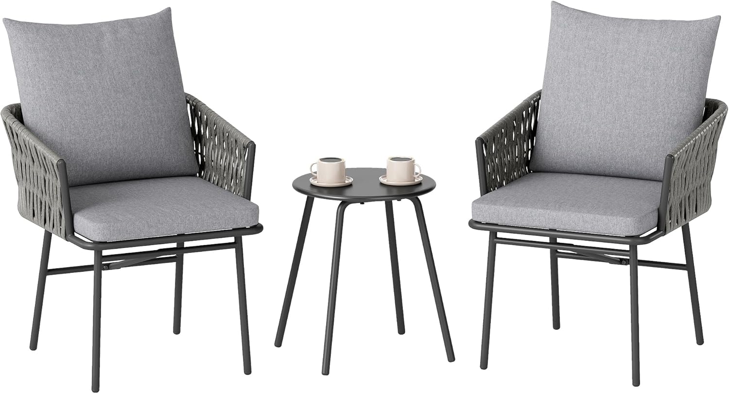 Outsunny 3-TLG. Rattan Bistroset, Sitzgruppe, Gartengarnitur mit 2 Gartensesseln, Couchtisch, abnehmbar Kissen, Balkonmöbel-Set für Garten, Terrasse, Stahl, Grau