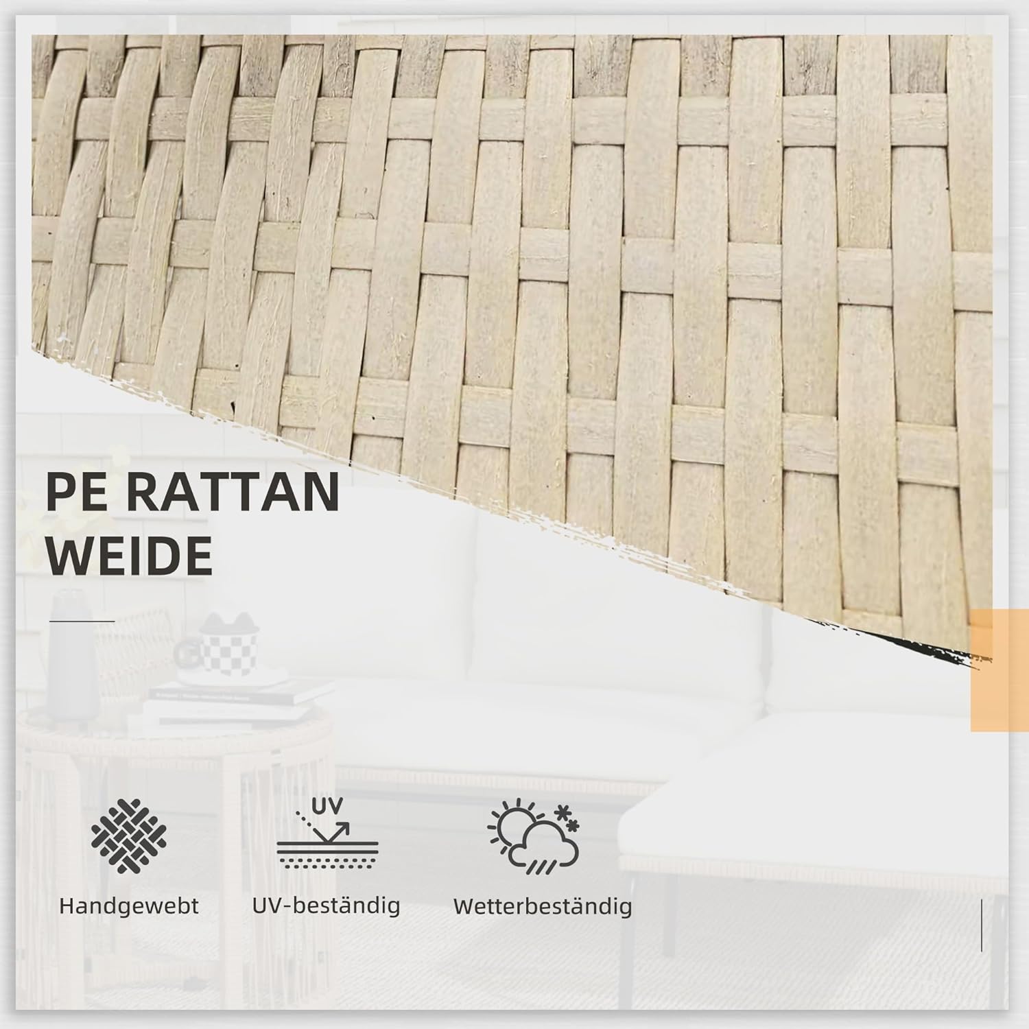 Outsunny 3-TLG. Rattan Gartenmöbel-Set, Gartengarnitur mit Liegestuhl, Couchtisch, Zweisitzer, Gartenset mit Sitzkissen, Balkonmöbel-Set für Garten, Terrasse, Creme — Ansicht 3