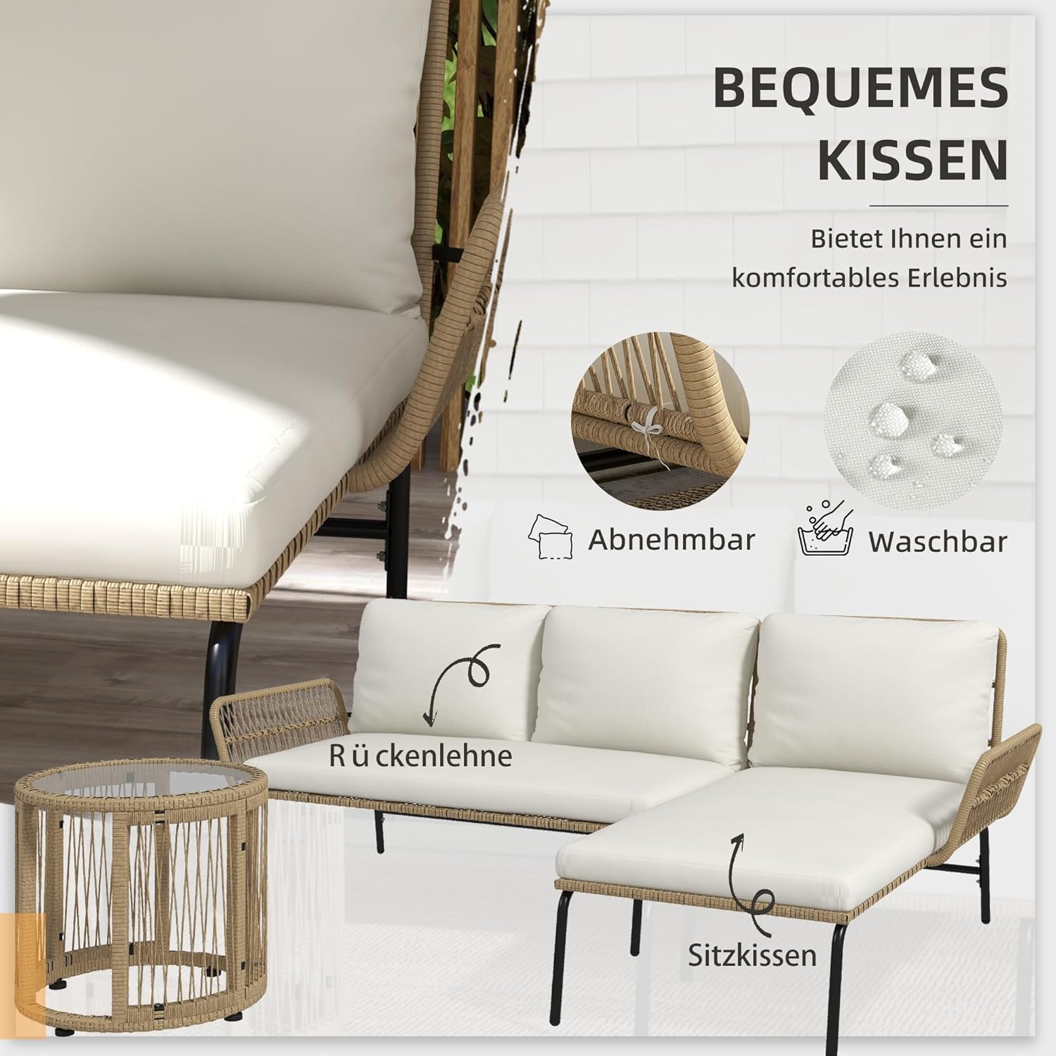 Outsunny 3-TLG. Rattan Gartenmöbel-Set, Gartengarnitur mit Liegestuhl, Couchtisch, Zweisitzer, Gartenset mit Sitzkissen, Balkonmöbel-Set für Garten, Terrasse, Creme — Ansicht 4