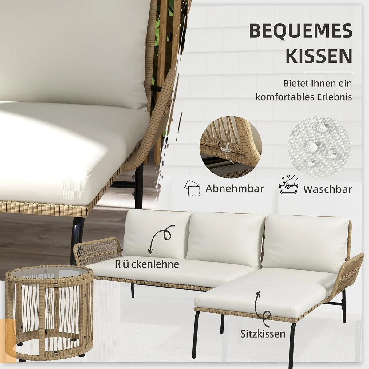 3-TLG. Rattan Gartenmöbel-Set, Gartengarnitur mit… — Ansicht 4