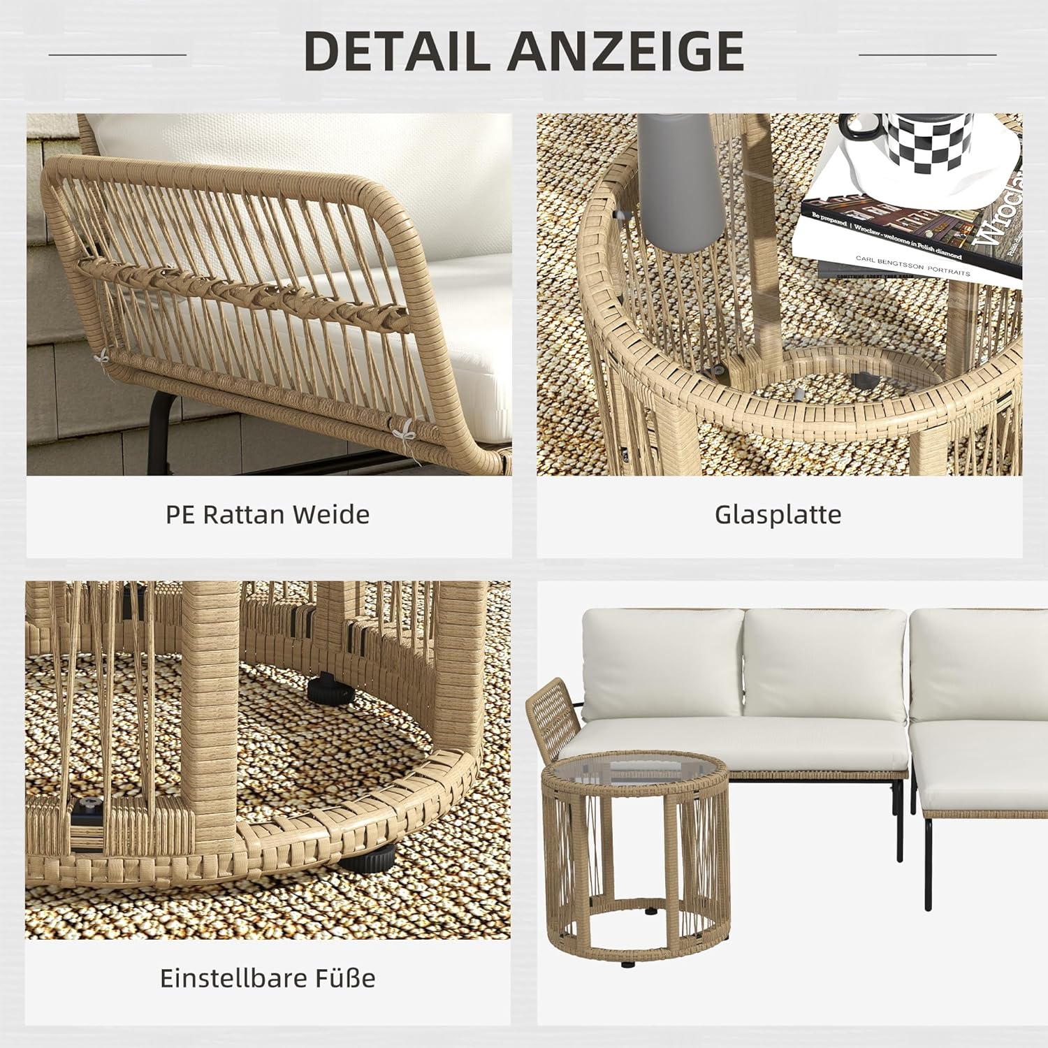 Outsunny 3-TLG. Rattan Gartenmöbel-Set, Gartengarnitur mit Liegestuhl, Couchtisch, Zweisitzer, Gartenset mit Sitzkissen, Balkonmöbel-Set für Garten, Terrasse, Creme — Ansicht 5