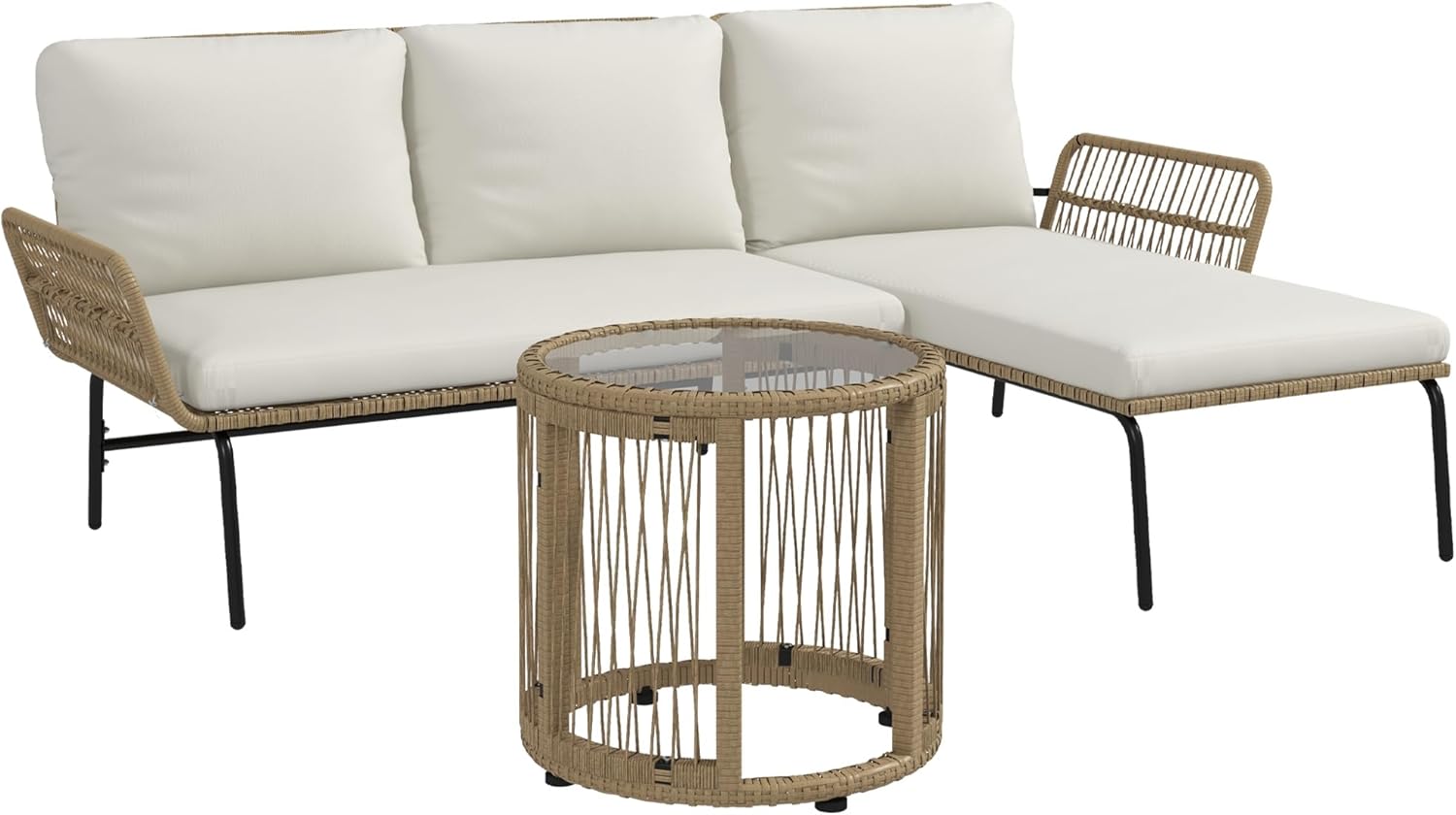 Outsunny 3-TLG. Rattan Gartenmöbel-Set, Gartengarnitur mit Liegestuhl, Couchtisch, Zweisitzer, Gartenset mit Sitzkissen, Balkonmöbel-Set für Garten, Terrasse, Creme