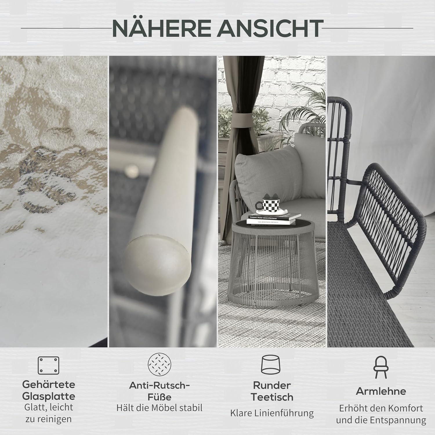 Outsunny 3 TLG. Rattan Gartenmöbel-Set, Sitzgruppe mit Kissen, Gartengarnitur mit 1 Beistelltisch, 1 Liegestuhl, 1 Doppelsofa, Sitzgarnitur für Garten, Terrasse, Stahl, Hellgrau — Ansicht 5