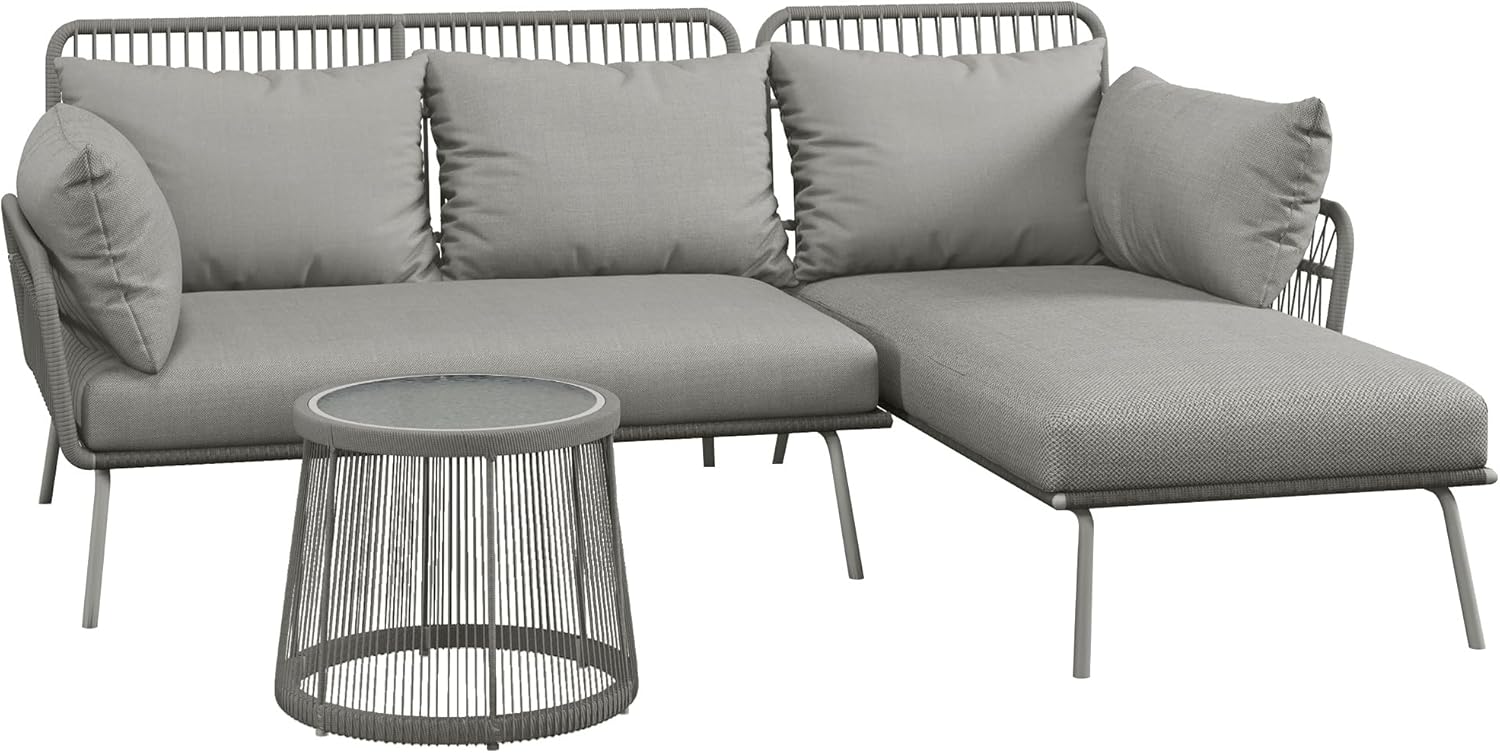 Outsunny 3 TLG. Rattan Gartenmöbel-Set, Sitzgruppe mit Kissen, Gartengarnitur mit 1 Beistelltisch, 1 Liegestuhl, 1 Doppelsofa, Sitzgarnitur für Garten, Terrasse, Stahl, Hellgrau