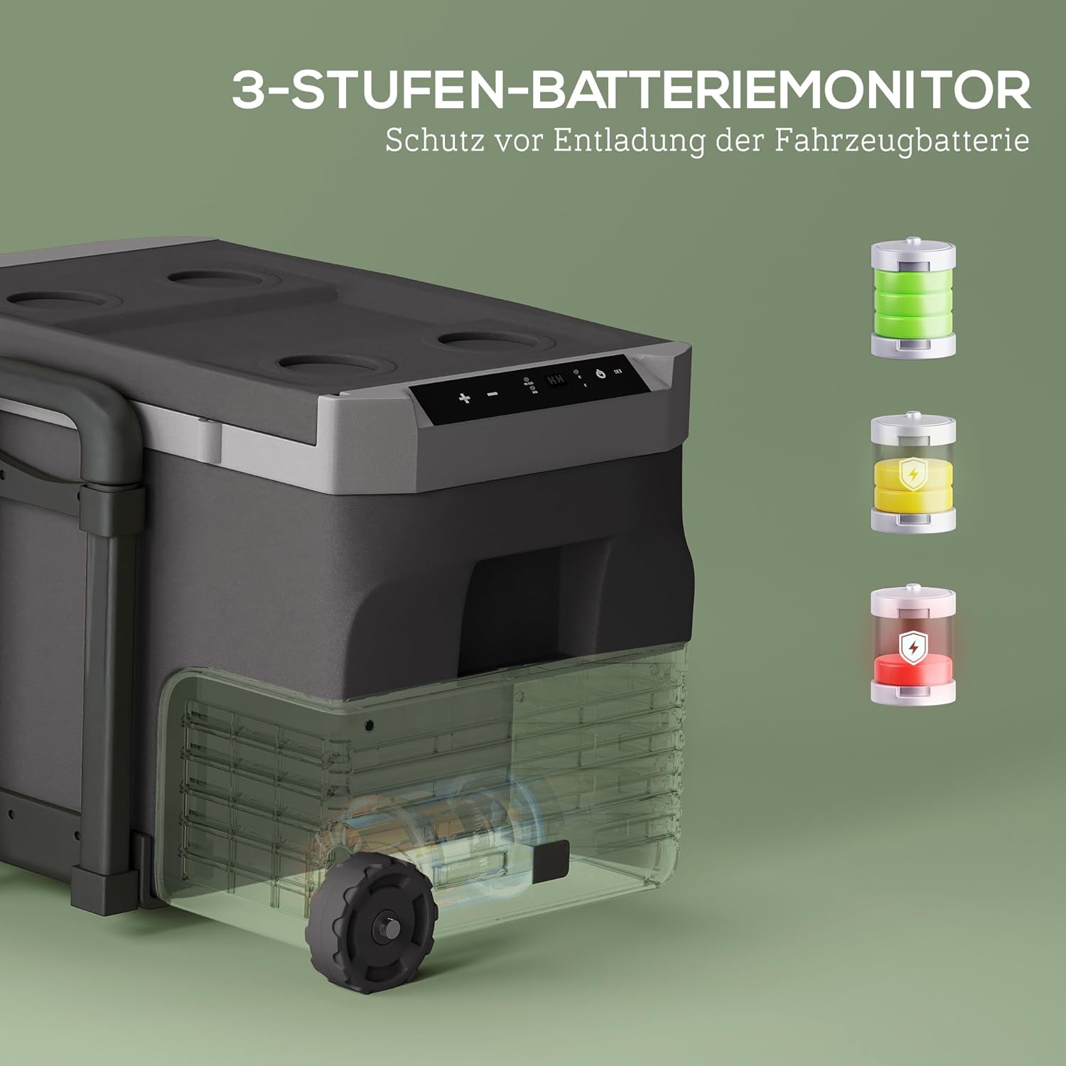 Outsunny 30 Liter Kompressor Kühlbox elektrische Tragbarer Kühlschrank mit LED ECO Modus Anschluss Teleskopstange Rad Kühlhaltefunktion Gefrierbox 12/24 100-240 Volt für Auto Camping Wohnmobil Boot — Ansicht 5