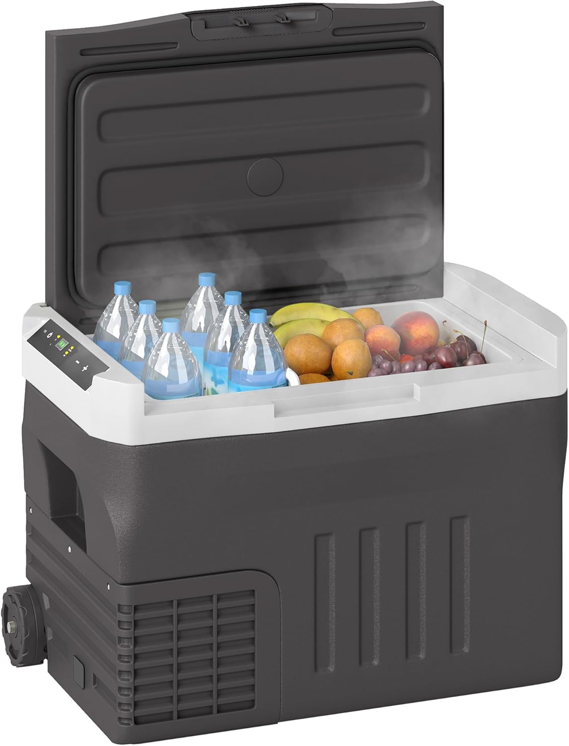 Outsunny 30 Liter Kompressor Kühlbox elektrische Tragbarer Kühlschrank mit LED ECO Modus Anschluss Teleskopstange Rad Kühlhaltefunktion Gefrierbox 12/24 100-240 Volt für Auto Camping Wohnmobil Boot