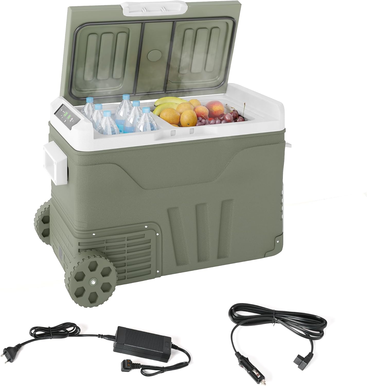 Outsunny 33 Liter Kompressor Kühlbox Leiser elektrisch Mini Kühlschrank bis -20°C Tragbar Kühlschrank mit LED Rolle Kühlfunktion Gefrierbox 12/24 V und 100-240 V für Auto LKW Camping Reisen Wohnmobil