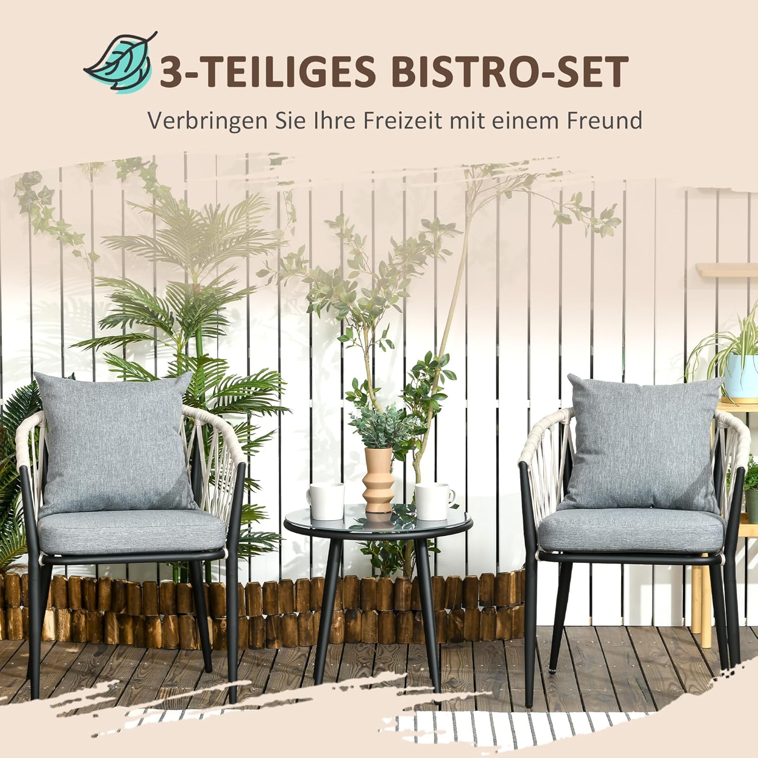 Outsunny 3tlg. Gartenmöbel Set, Garten-Bistroset inkl. 1 Tisch, 2 Stühlen mit Sitzkissen, Balkon-Set, Gartengarnitur für Terrasse, Balkon, Stahl, Grau — Ansicht 3