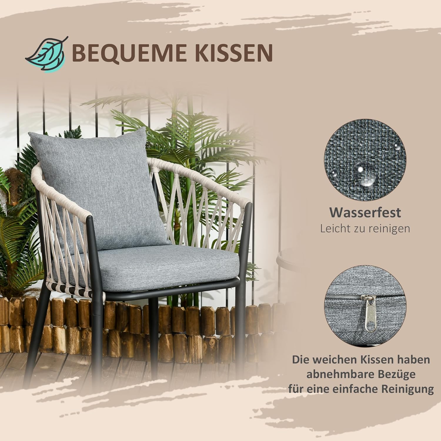 Outsunny 3tlg. Gartenmöbel Set, Garten-Bistroset inkl. 1 Tisch, 2 Stühlen mit Sitzkissen, Balkon-Set, Gartengarnitur für Terrasse, Balkon, Stahl, Grau — Ansicht 6