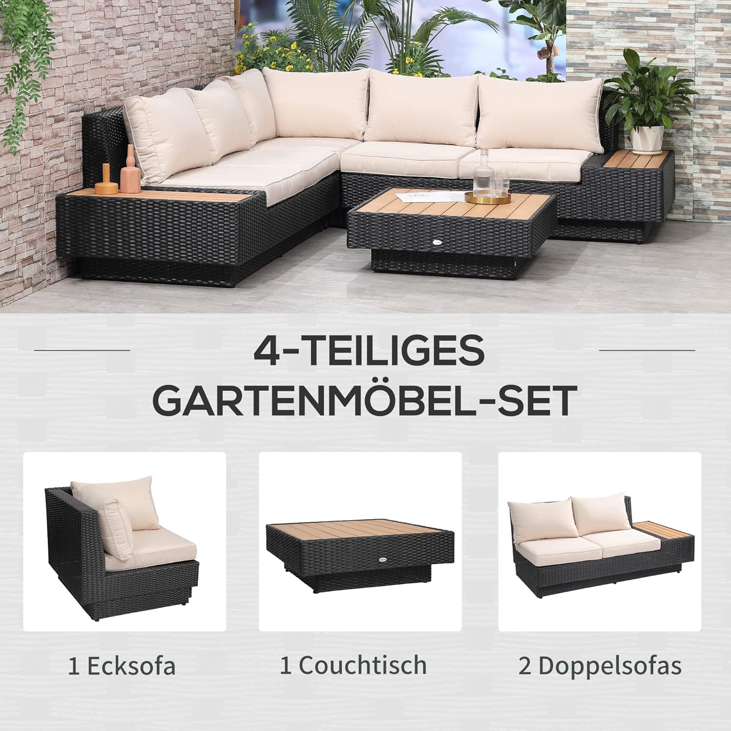 Outsunny 4-TLG. Luxus Polyrattan Gartengarnitur Gartenmöbel Garten-Set Sitzgruppe Loungeset Loungemöbel inkl. Ablagen und Beistelltisch Sitzkissen Schwarz — Ansicht 3